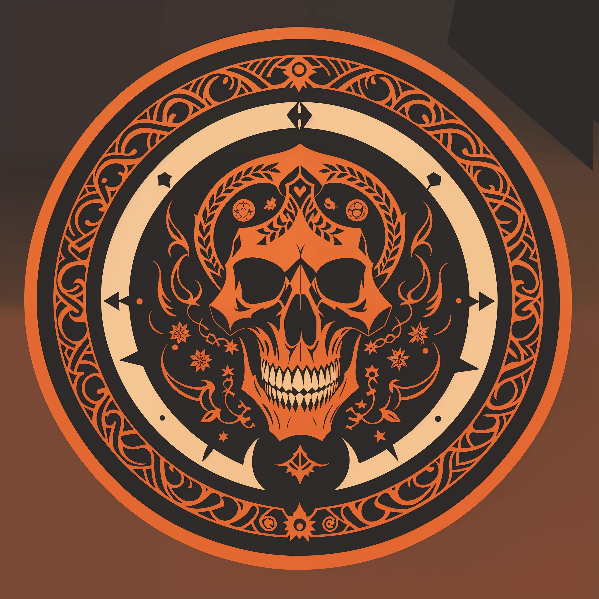 [Brown Skull] circular heraldic silhouette, logo masking style illustration, Dan Mumford, Greg Rutkowski, James Jean, black background, fantasy art, mysterious, realistic, majestic, rich vivid colors, high contrast, seamless water brand, art station, deviant art, dribbling, red bubble, Tee public, sharp focus, simple, hyper detail, detailed drawing, vectorization, outline, isometric style, 8k.