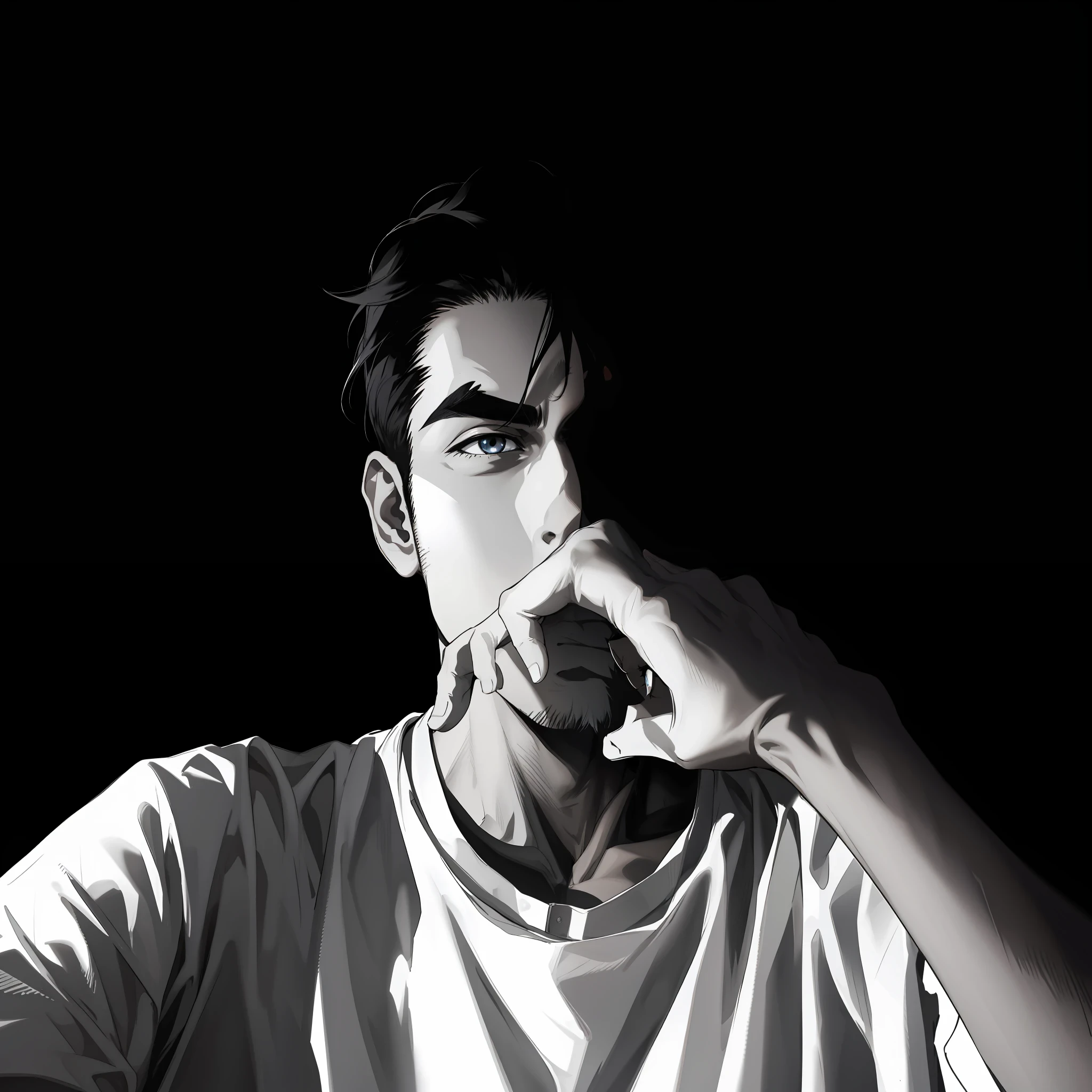 (absurdres, highres, ultra detailed), (1 male, solo, young guy, handsome), anime, anime style, stylish hair, detailed hair, black hair, dark eyes, detailed eyes, (angular jaw:1.4, thick neck:1.4, thick eyebrows:1.4), BREAK, night, dark, dark background, black and white, white t-shirt, BREAK, upper body, detailed