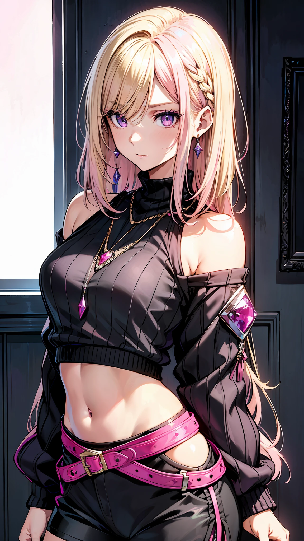 Realistic, Hyper Detail, Girls Only,yo, Dynamic Lighting, (Glossy skin: 1.5), Masterpiece, Top Quality, Absurdity, one side cut layered bob,((Blonde to pink Hair:1.3), ((purple Eyes)),((detailed eyes, jewel-like eyes:1.3)) , seductive cute girl, beautiful alluring teen, attractive girl, beautiful girl, beautiful sexy girl, sexy girl, black drop shoulder mesh knit pullover and pink short pants, beautiful artwork, fine detail, best girl, detailed digital art, looking_at_viewer, navel, ((frightened))