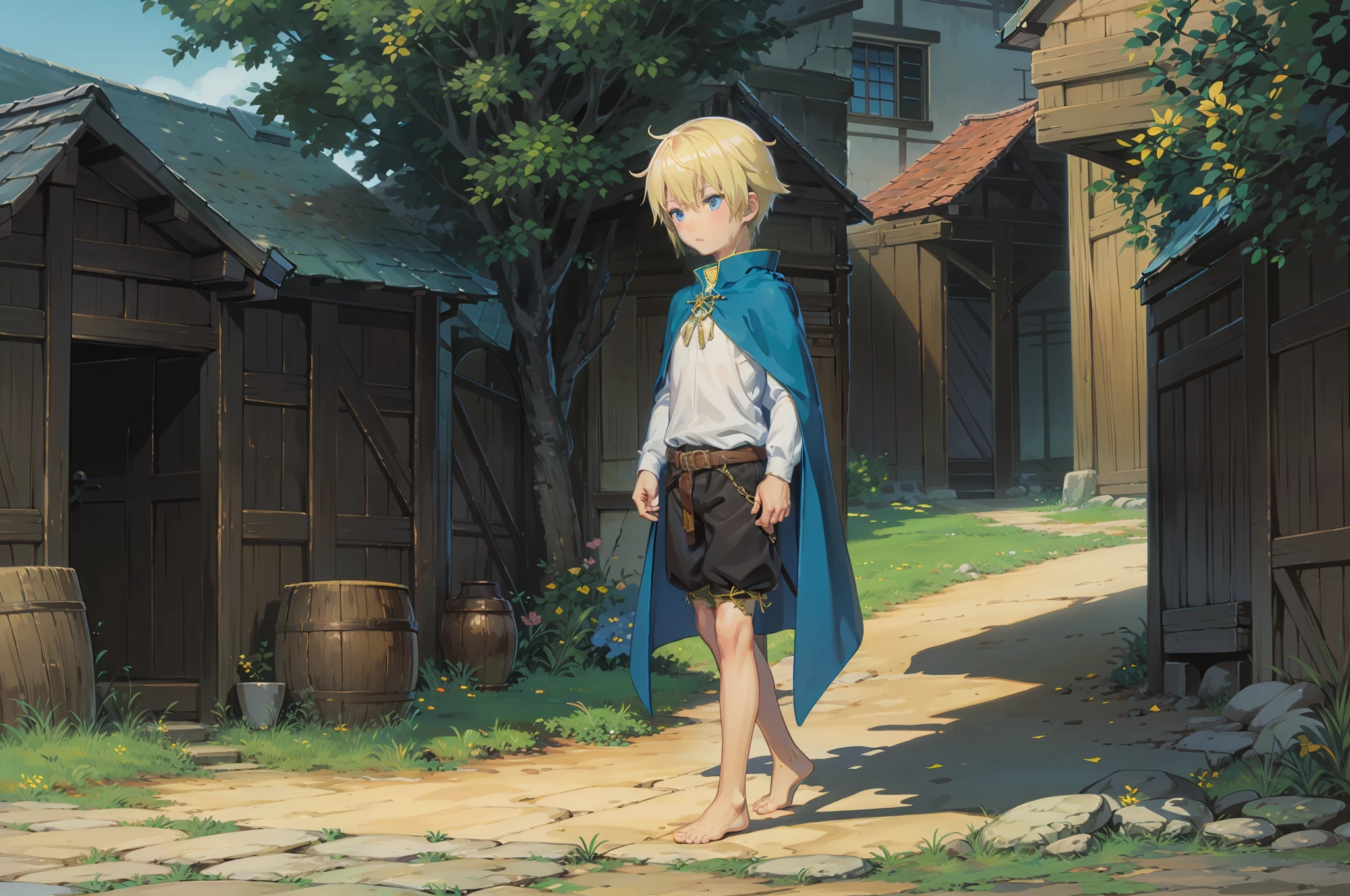 Medieval Western European yellow-haired, blue-eyed barefoot Shota with a cape