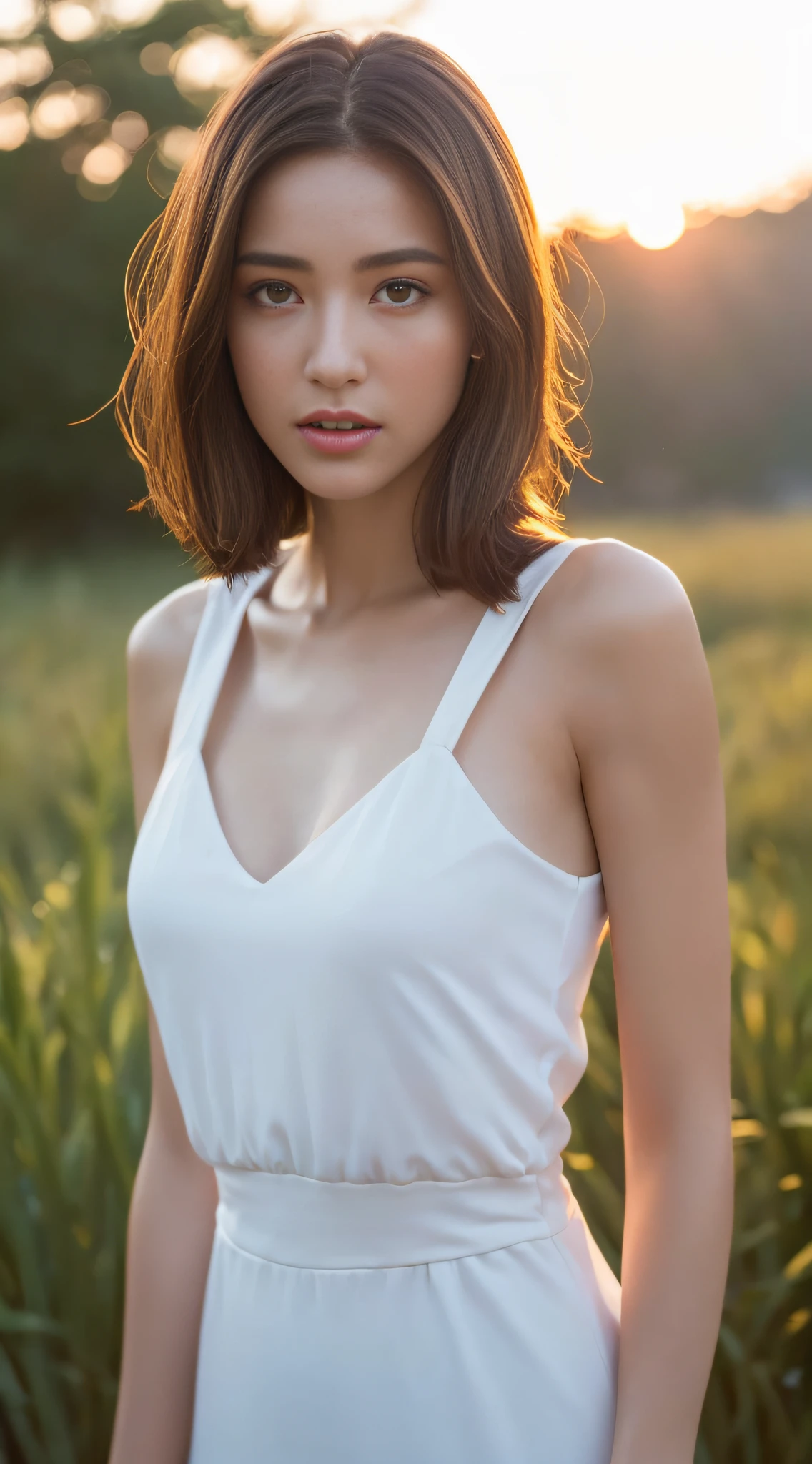 ((Realistic lighting, Best quality, 8K, Masterpiece: 1.3)), Focus: 1.2, 1girl, Perfect Body Beauty: 1.4, Slim Abs: 1.1, ((Dark Brown Hair)), (White Dress: 1.4), (Outdoor, Sunset: 1.1), Mountain Top, Super Fine Face, Fine Eyes, Double Eyelids,