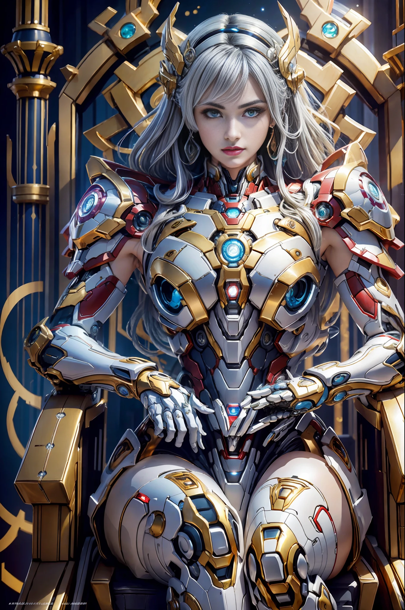 Cyberpunk style mecha Marvel Movie Iron Man Saint Seiya Kamen Rider Queen sitting on throne, ancient technology, ancient legends, white hair (white stockings: 1.5) (Throne: 1.4), sword, (mecha God of War), Egyptian style, (Saint Seiya: 1.7), Taoist symbols, (dragon pattern: 1.6), (gold thread: 1.5) ultra-realistic, Boca effect, shot in the style of David La Chapelle, bioluminescent palette: lilac, pale gold, bright white, ultra-fine, cinematic still life, vibrancy, Unrealistic engine style, Sakimichan, lower chest, perfect eyes, highest image quality 16K, inspired by Harry Winston, shot on Canon EOS R 6, masterpiece, --Chaos 50, gray hair, crown, mole under the eyes, gitchham, wide angle, canon, from above, projection illustration, ray tracing, surrealism, textured skin --s2