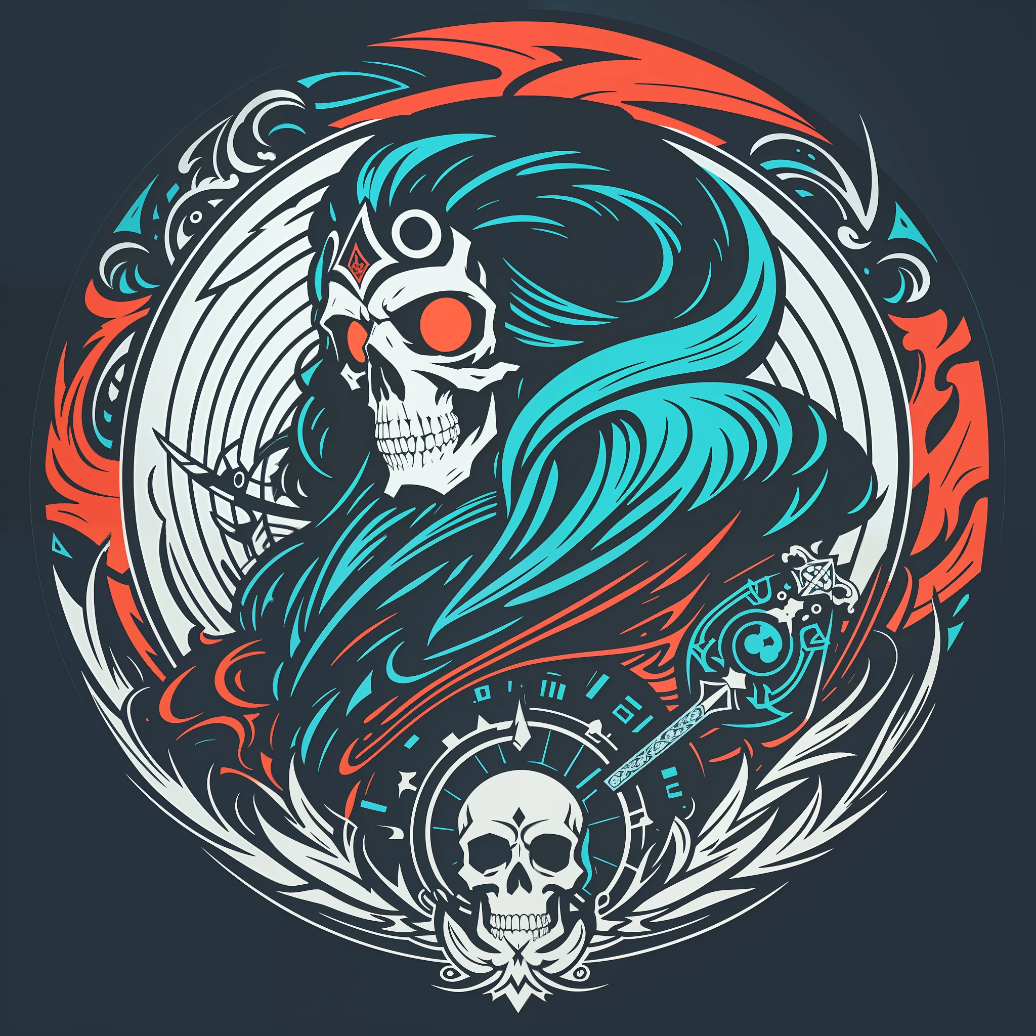 [Skull and sword with light blue eye patch] circular heraldic silhouette, logo masking style illustration, Dan Mumford, Greg Lutkowski, James Jean, black background, fantasy art, mysterious, realistic, majestic, rich vivid colors, high contrast, seamless water brand, art station, devian art, dribbling, red bubble, Tee public, sharp focus, simple, hyper detail, detailed drawing, vectorization, outline, isometric style, 8k.