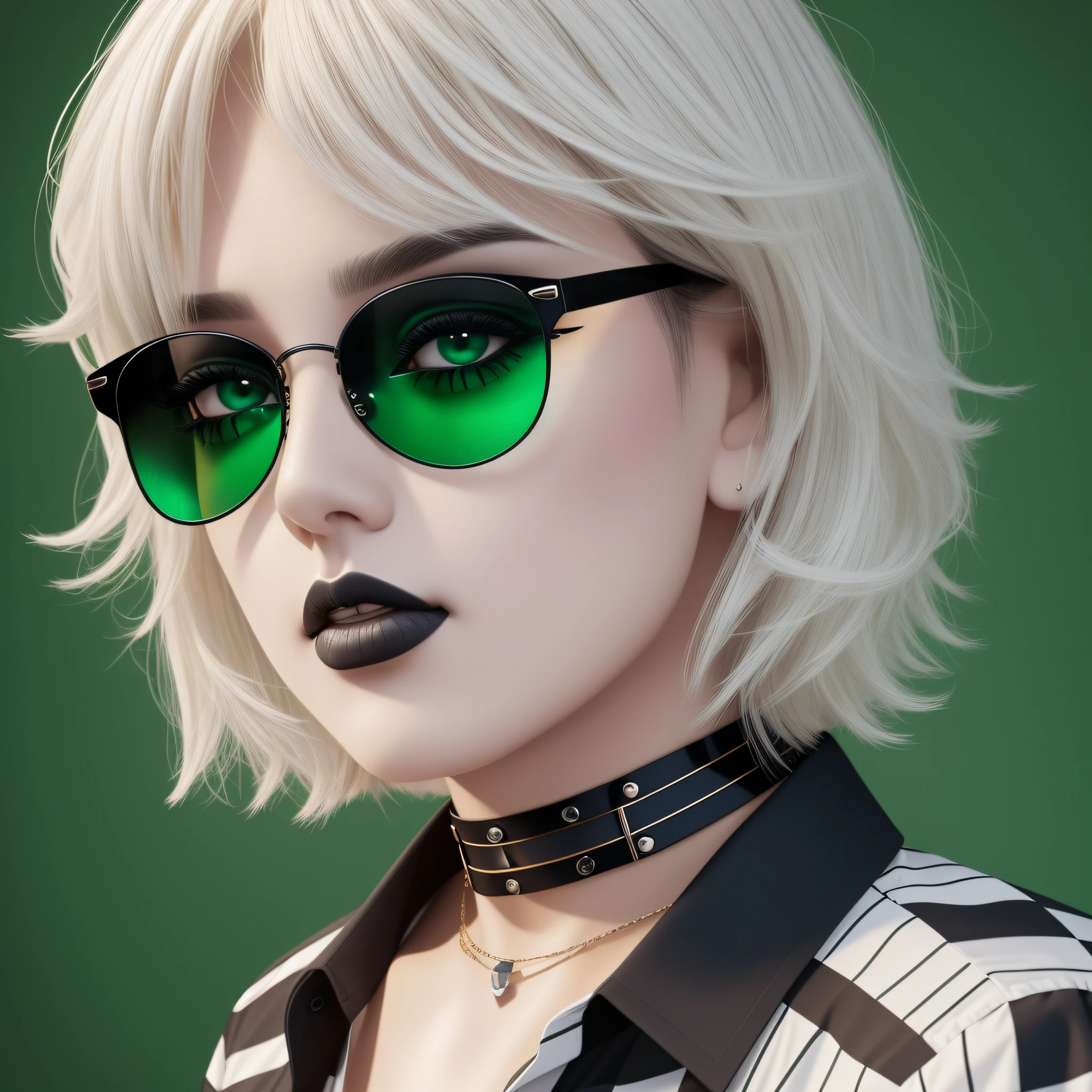 masterpiece, best quality, 3d rending work, 3DMM style, close-up, portrait, 3d, 65 year old man, wavy white hair, sunglasses, white eyebrows, white beard, colorful checkered shirt(green, yellow and white stripes), light brown, looking to the side, realistic, upper body, simple background, bangs, looking away, short hair, lips parted, black eyes, lips, gothic, choker, makeup, mole, black shirt, shirt, watermark --auto --s2