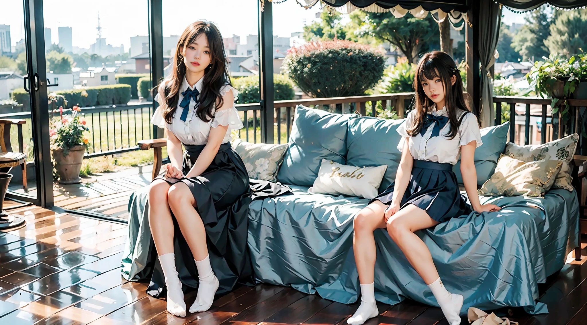 ((Bright garden porch background)), (Lo-Fi), (Soft Focus), High Definition, 4K, Ultra High Definition, Ultra High Definition, Ultra Real Shadows, Ultra Real, Dramatic Lighting, Japan Women, One Girl, Solo, Detailed Face, Realistic Eyes, Realistic Skin, Dynamic Hair, Dynamic Pose, Dynamic Angle, (White Blouse), (Dark Blue Bow Tie), (((Dark blue very long skirt)))), ((White short ankle-length socks with folded edges)))), white background, (Raw photo: 1.2), (Photorealistic: 1.4), Beautiful detailed woman, Very detailed eyes and face, Beautiful detailed eyes, Huge file size, super detailed, high resolution, very detailed, highest quality, (bright indoors), (soft light), (low contrast), (shallow depth of field), (portrait of a beautiful woman illuminated by gentle light), (very delicate and elegant depiction), (short length bangs), (hair color dark chestnut with a slight brown tone), (hair with subtle gentle waves), (((white short ankle-length socks with folded edges))), illustration, very detailed, CG, unification, 8k wallpaper, amazing, fine details, best quality, Highly detailed CG unified 8k wallpaper, face lights, movie lighting, 1 girl, 25 years old