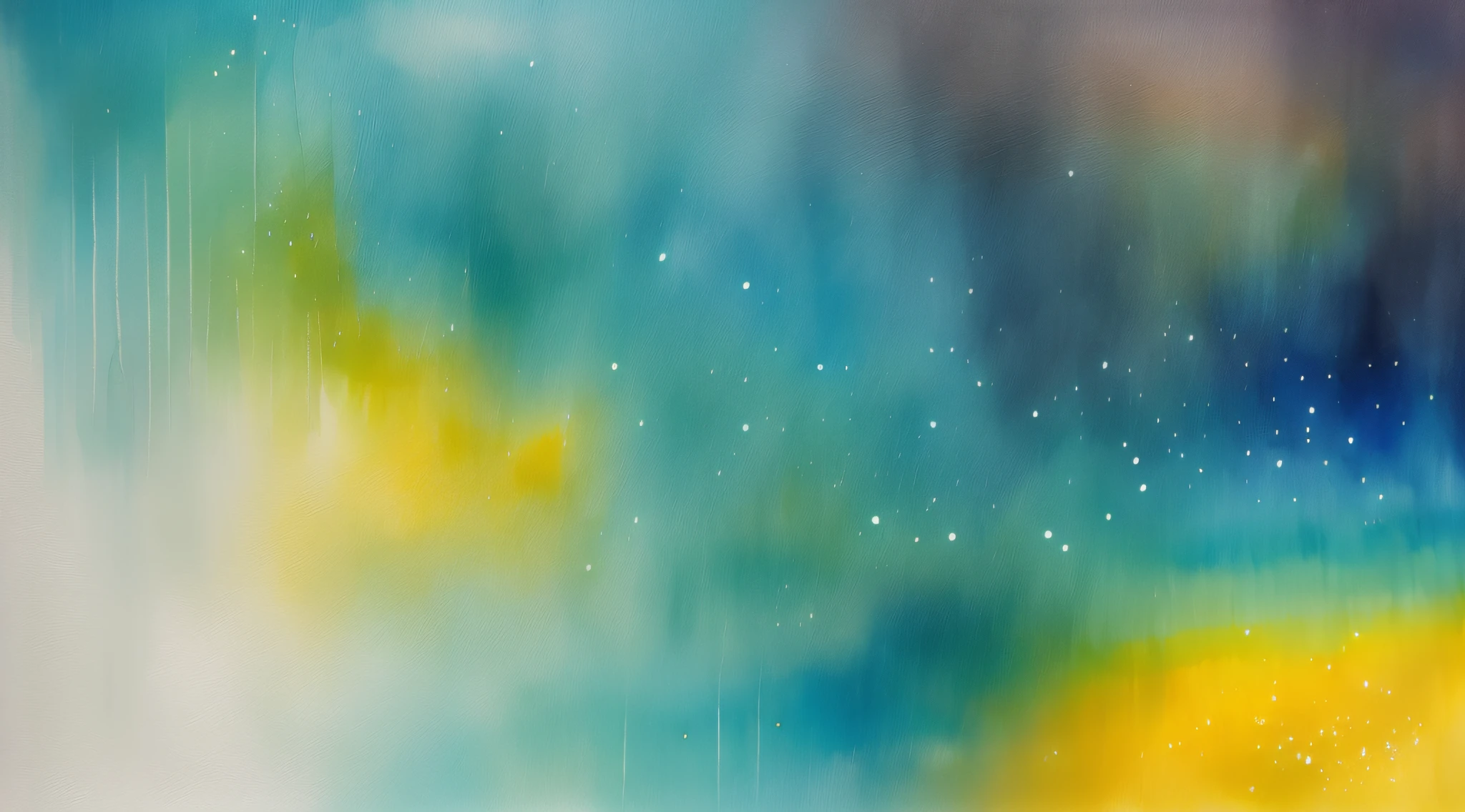 drops of blue, green, and yellow ink on a white textured canvas: abstract shapes, delicate and vivid colors, dreamy and ethereal atmosphere, the center of the canvas is white
