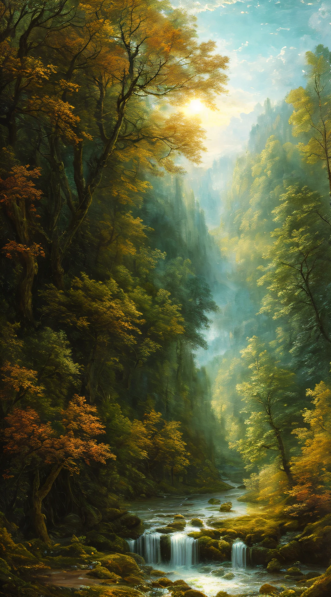 Masterpiece, best quality, high quality, extremely detailed CG 8k wallpaper unit, charming dream scene of dream forest, imposing trees, hidden fairy gorge, creating a mysterious and charming feel, artstation, digital illustration, complex, trend, pastel colors, oil painting, award-winning photography, bokeh, depth of field, HDR, bloom, chromatic aberration, realism, very detailed,  artstation trend, CGsociety trend, complex, high detail, dramatic, dark art, clouds, sun, waterfalls, John Constable Painter, horizontal painting, forest interior, thick tree trunk,