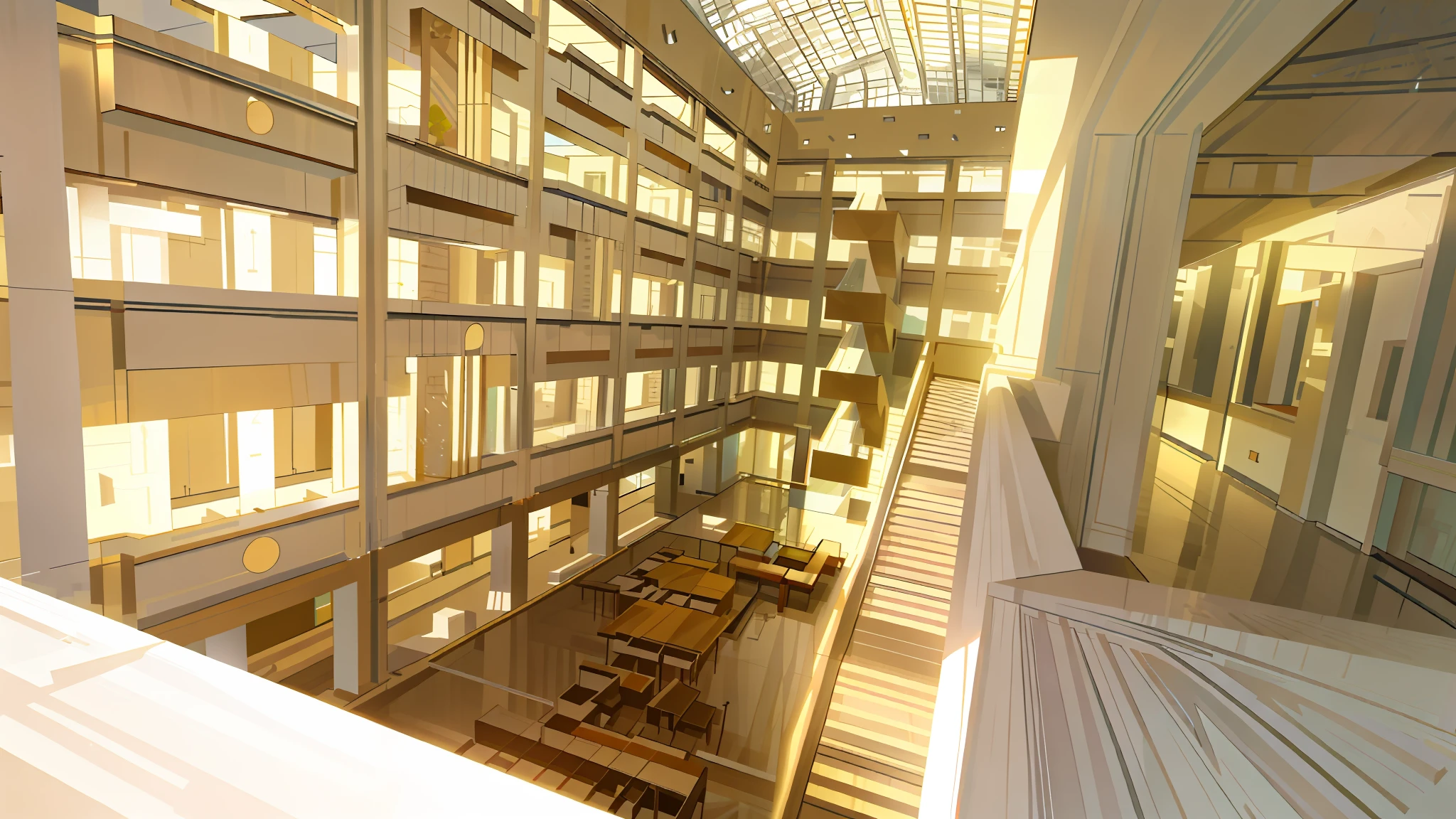 From above, inside a magnificent perspective, predominantly white, high-end, fresh architectural style, sunlight shining in from the outside, halo, breathtaking