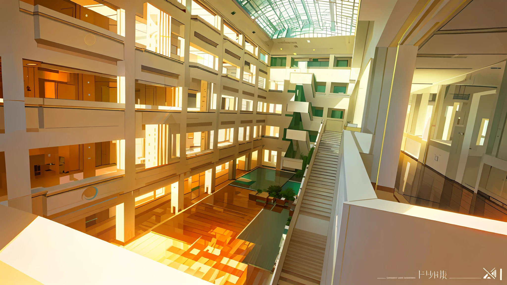 From above, inside a magnificent perspective, predominantly white, high-end, fresh architectural style, sunlight shining in from the outside, halo, breathtaking