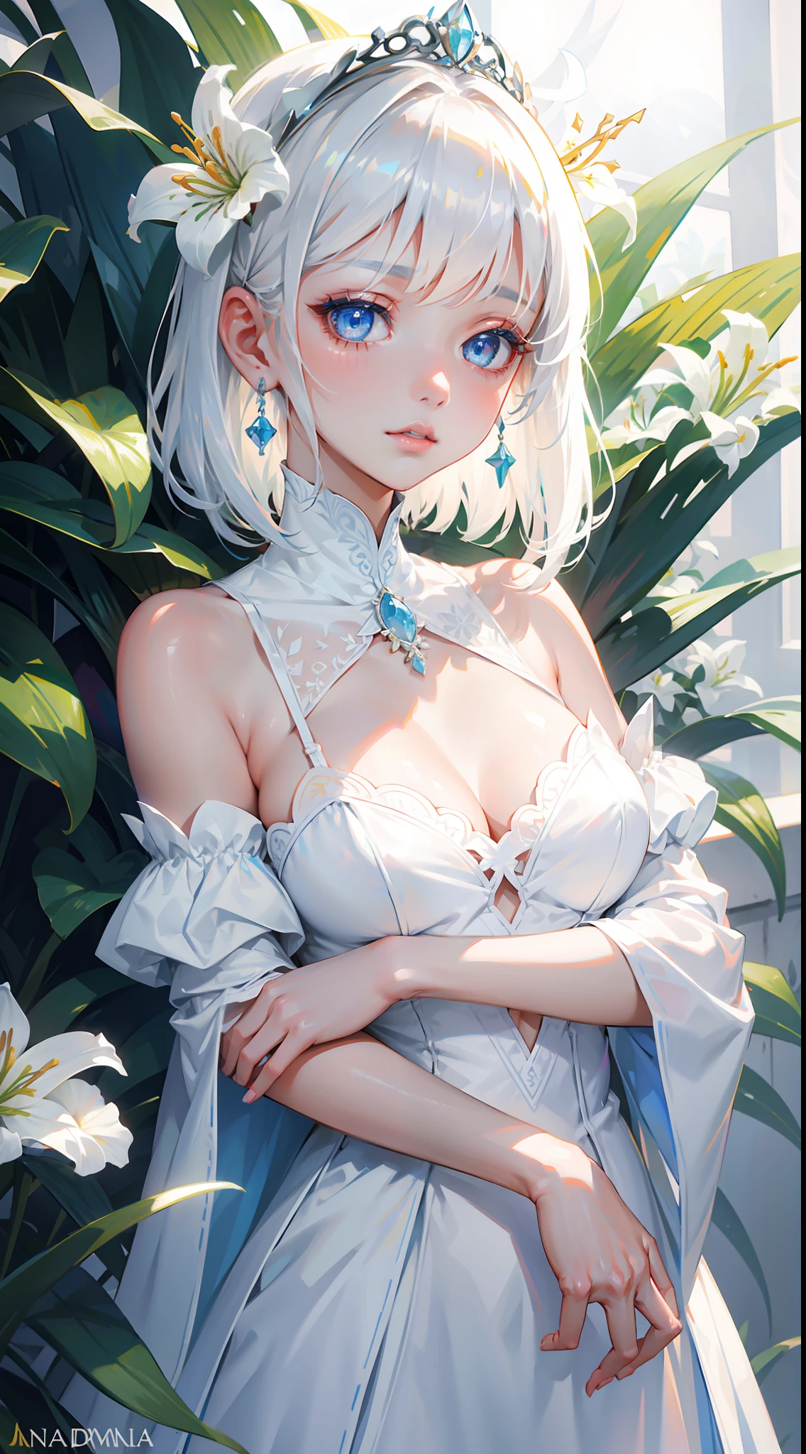 1girl,solo,flower,breasts,white flower,looking at viewer,blue eyes,cleavage,hair ornament,upper body,white hair,jewelry,medium breasts,bangs,bare shoulders,detached sleeves,earrings,hair flower,dress,gem,lily (flower),white dress,closed mouth,lips,tiara,white theme,eyelashes,short hair,long hair,