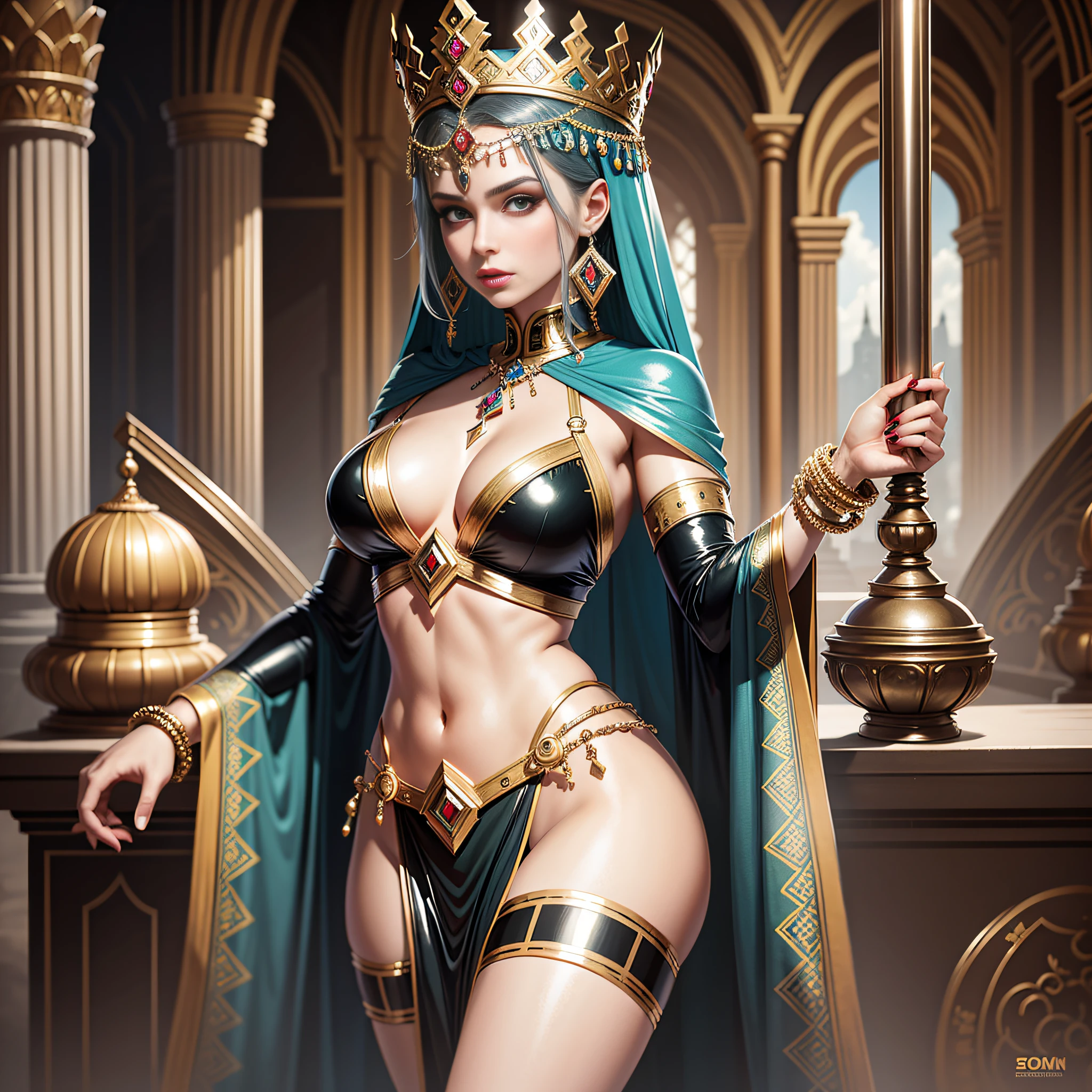 Queen of an ancient empire, unparalleled beauty, sexy limbs, ultra bikini, latex, glittering costumes, captive queen, imprisonment