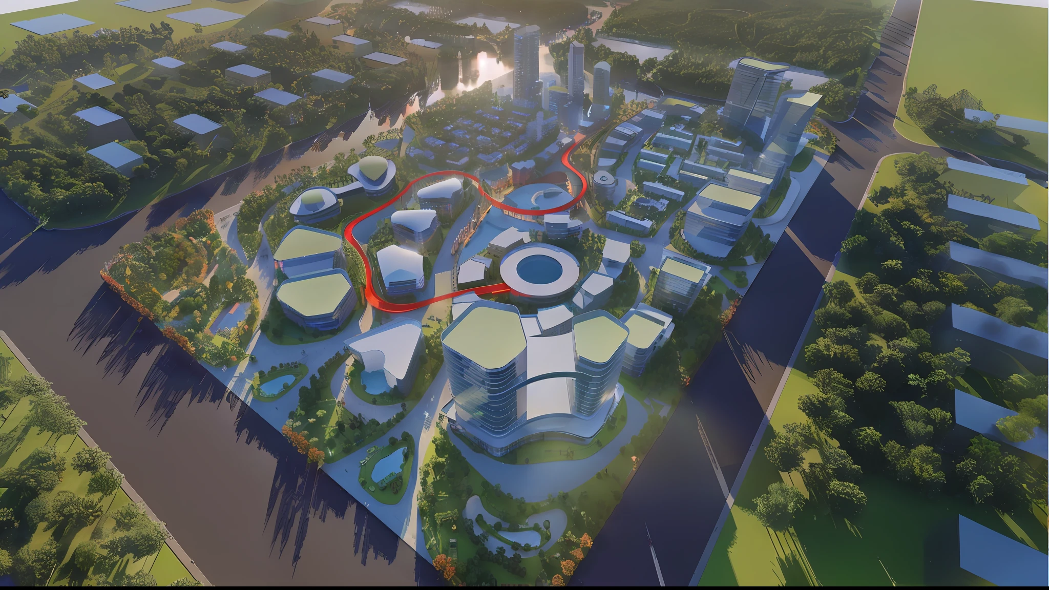 A rendering of a city with a red corridor in the middle, inspired by a digital rendering of CG Association competition winner Zha Shibiao, concept art, futuristic city, future city singapore, office building, glass building, warm light at dusk, photo from 2022