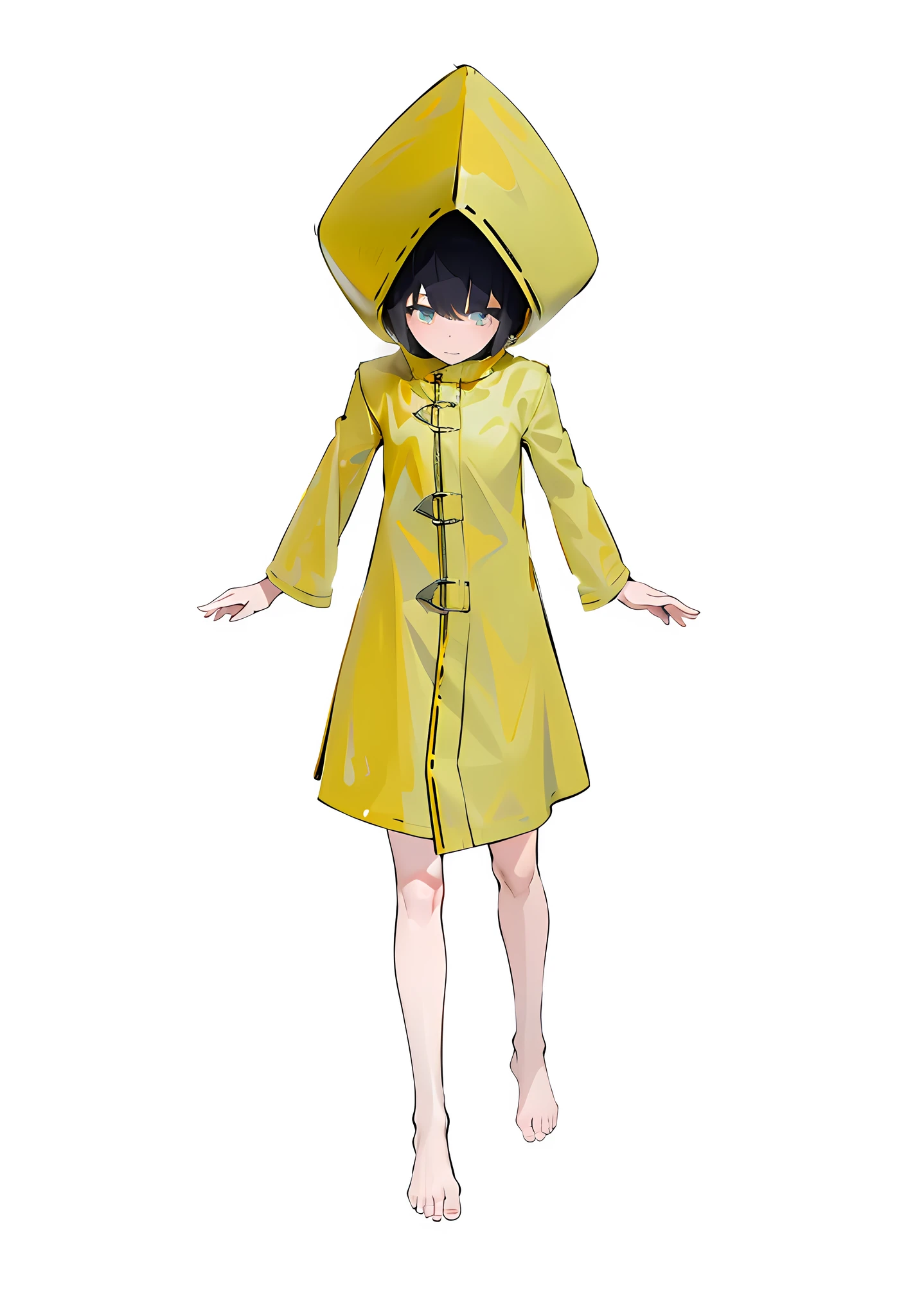 3D two-dimensional, a girl in a yellow raincoat, redrawing the light and shadow, highlighting the reflective texture of the raincoat, highlighting the texture of the gel coat. Barefoot