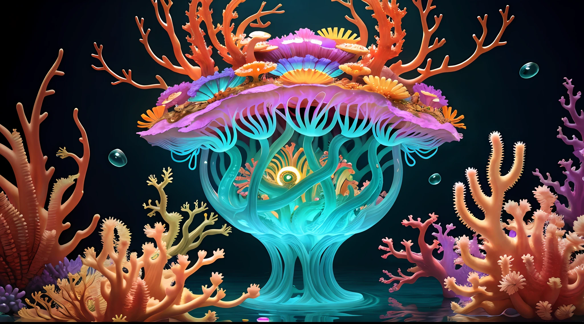 Colorful, master composition, focus on key figures, realism, masterpiece, award-winning, best quality, masterpiece, ultra-detailed, 8K, extremely detailed CG Unity 8k wallpaper, complex, highly detailed, realistic, "under water, intricate details, macro shot glowing jellyfish girl, coral, light bulb, brightness, (neutral color: 1.2), ultra-detailed, cinematic, complex background, huge ocean twisted Mandelbrot fractal shell, golden pearl nacre, hyper detail, ArtStation, Octane Renderer, (Color Acne: 1.3)",