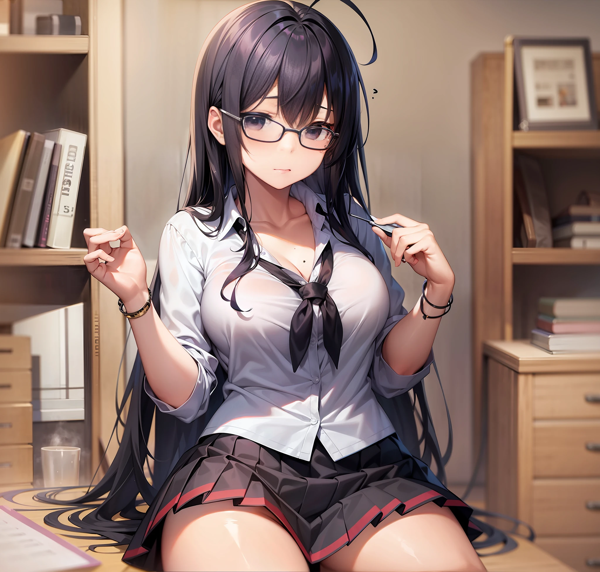 indoors, skirt, seduction, ahoge, cute, girl, high school, cute costume, modest breasts, crying moles, black hair, black eyes, sitting, holding in hand, wearing glasses, high image quality, ((alone))