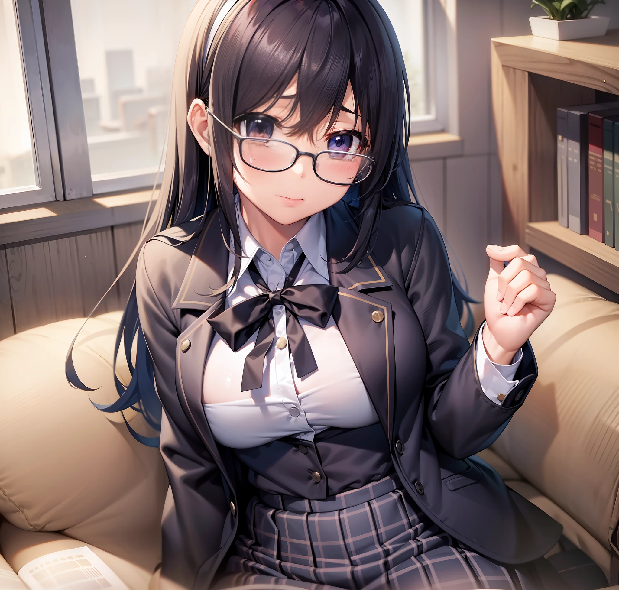 indoors, skirt, seduction, ahoge, cute, girl, high school, cute costume, modest breasts, crying moles, black hair, black eyes, sitting, holding in hand, wearing glasses, high image quality, ((alone))