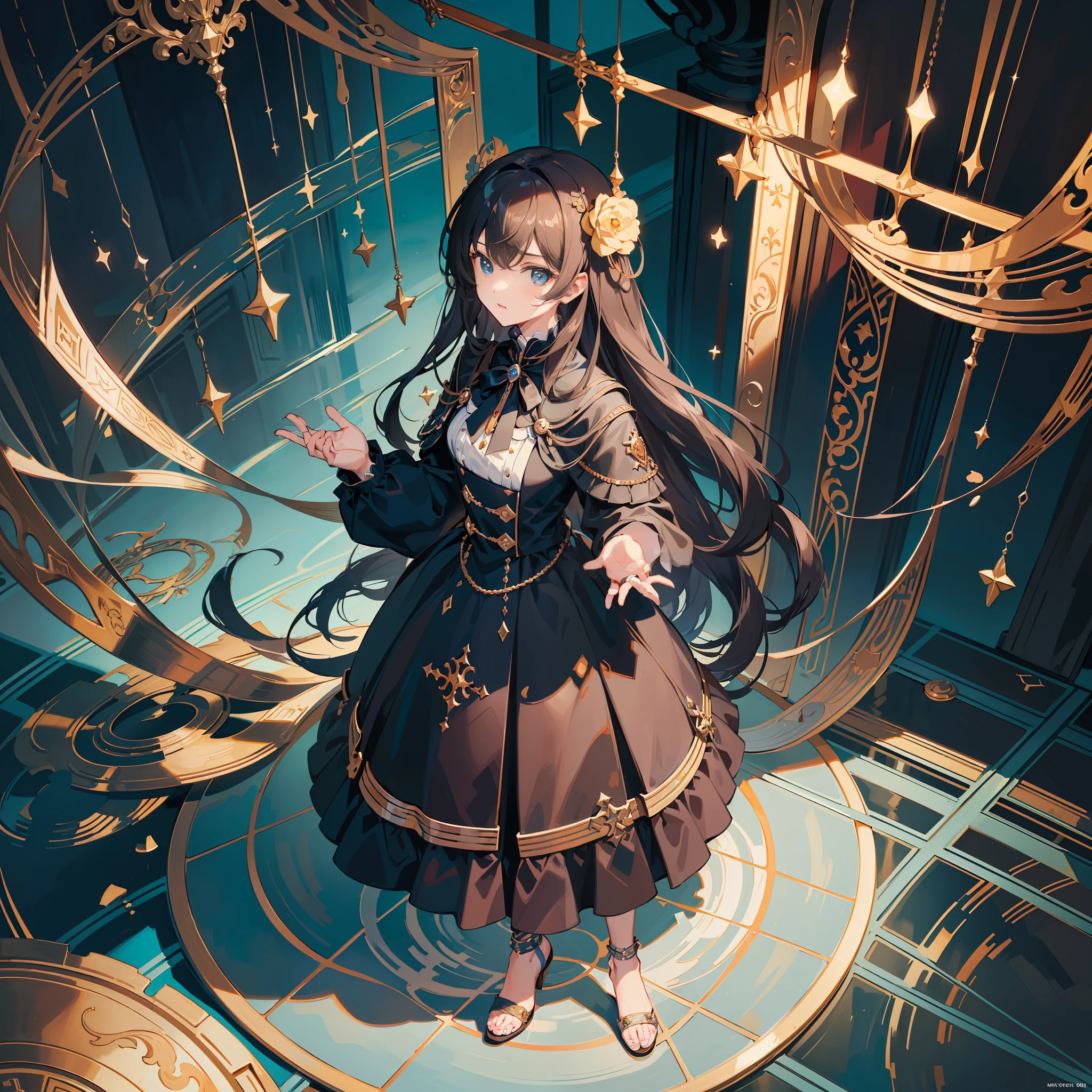 round image,(masterpiece:1.3), (the best quality:1.2), (super fine illustrations:1.2), (Masterpiece), high quality, high detail,(SOLO:1.4),((round image)),[(game character portrait:1.2):5], {1 girl},{solo},(((full body))),{{{only five fingers}}},long hair,whole body,look at viewer, from above,(hide hands:1.2),