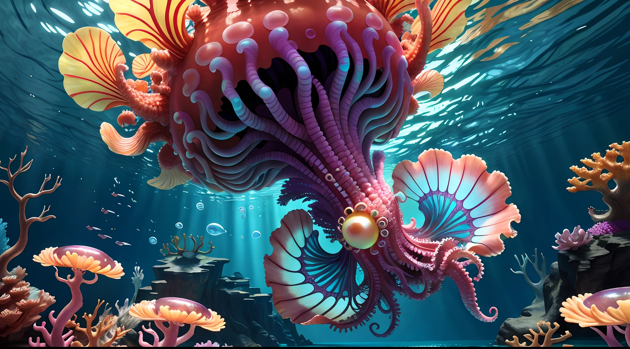 Colorful, master composition, focus on key figures, realism, masterpiece, award-winning, best quality, masterpiece, ultra-detailed, 8K, extremely detailed CG Unity 8k wallpaper, complex, highly detailed, realistic, "under water, intricate details, macro shot glowing jellyfish girl, coral, light bulb, brightness, (neutral color: 1.2), ultra-detailed, cinematic, complex background, huge ocean twisted Mandelbrot fractal shell, golden pearl nacre, hyper detail, ArtStation, Octane Renderer, (Color Acne: 1.3)",