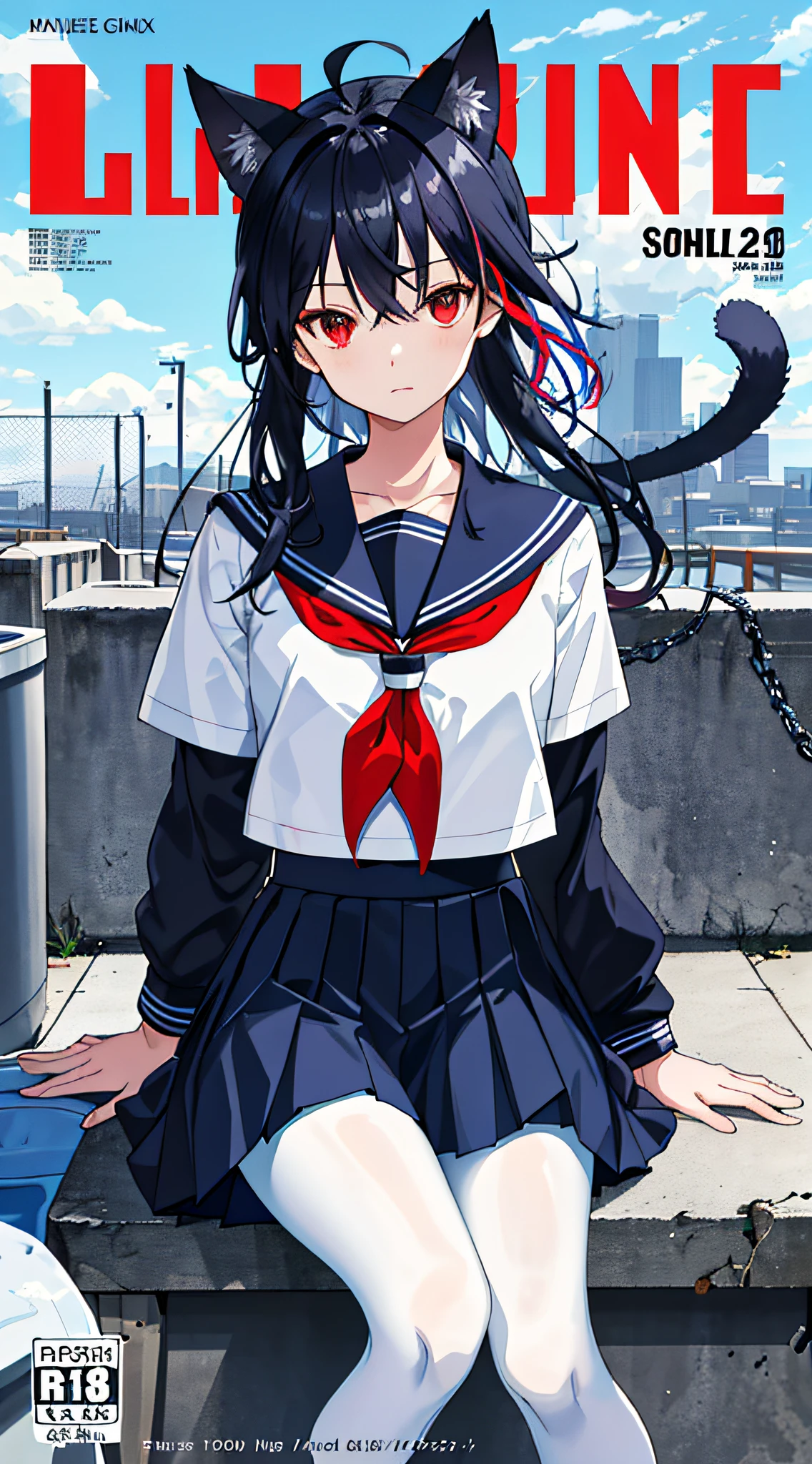 ((masterpiece, best quality)),a girl, solo, skirt, sky, sitting, pantyhose, serafuku, cloud,black gloves, outdoors, neckerchief ,day, bangs, fence, shirt, ahoge, rooftop, long hair, white pantyhose, black hair, school uniform, white sailor collar, red eyes, sailor collar, blue skirt, red neckerchief, blue serafuku, animal ears, blue sky, long sleeves, blue shirt, looking at viewer, closed mouth,cat ears, chain-link fence, pleated skirt, cloudy sky, trash can
(magazine:1.3), (cover-style:1.3), fashionable, woman, vibrant, outfit, posing, front, colorful, dynamic, background, elements, confident, expression, holding, statement, accessory, majestic, coiled, around, touch, scene, text, cover, bold, attention-grabbing, title, stylish, font, catchy, headline, larger, striking, modern, trendy, focus, fashion,