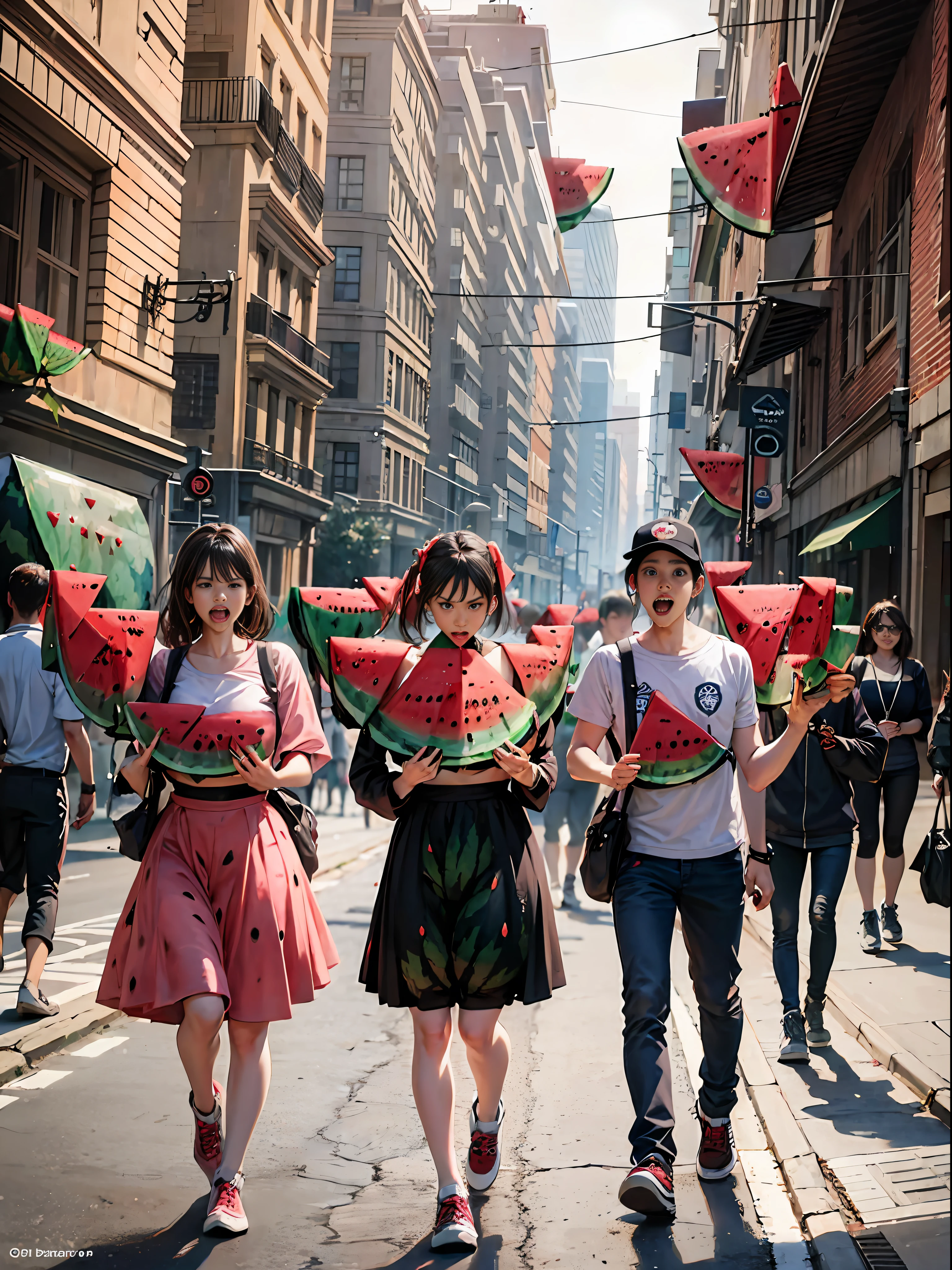A group of angry people, (eating watermelon:1.6), walking down the street.