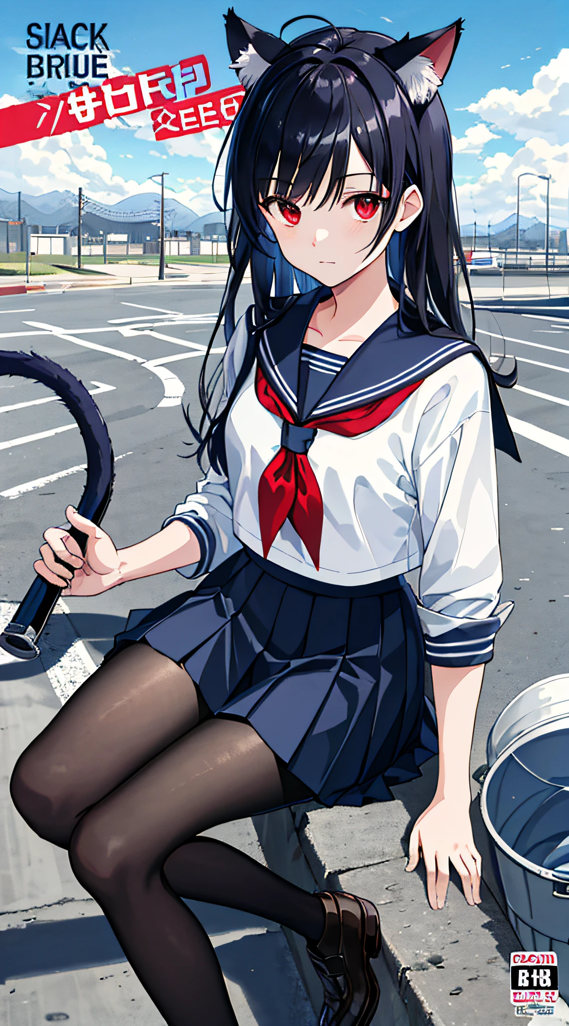 ((masterpiece, best quality)),a girl, solo, skirt, sky, sitting, pantyhose, serafuku, cloud,black gloves, outdoors, neckerchief ,day, bangs, fence, shirt, ahoge, rooftop, long hair, white pantyhose, black hair, school uniform, white sailor collar, red eyes, sailor collar, blue skirt, red neckerchief, blue serafuku, animal ears, blue sky, long sleeves, blue shirt, looking at viewer, closed mouth,cat ears, chain-link fence, pleated skirt, cloudy sky, trash can
(magazine:1.3), (cover-style:1.3), fashionable, woman, vibrant, outfit, posing, front, colorful, dynamic, background, elements, confident, expression, holding, statement, accessory, majestic, coiled, around, touch, scene, text, cover, bold, attention-grabbing, title, stylish, font, catchy, headline, larger, striking, modern, trendy, focus, fashion,