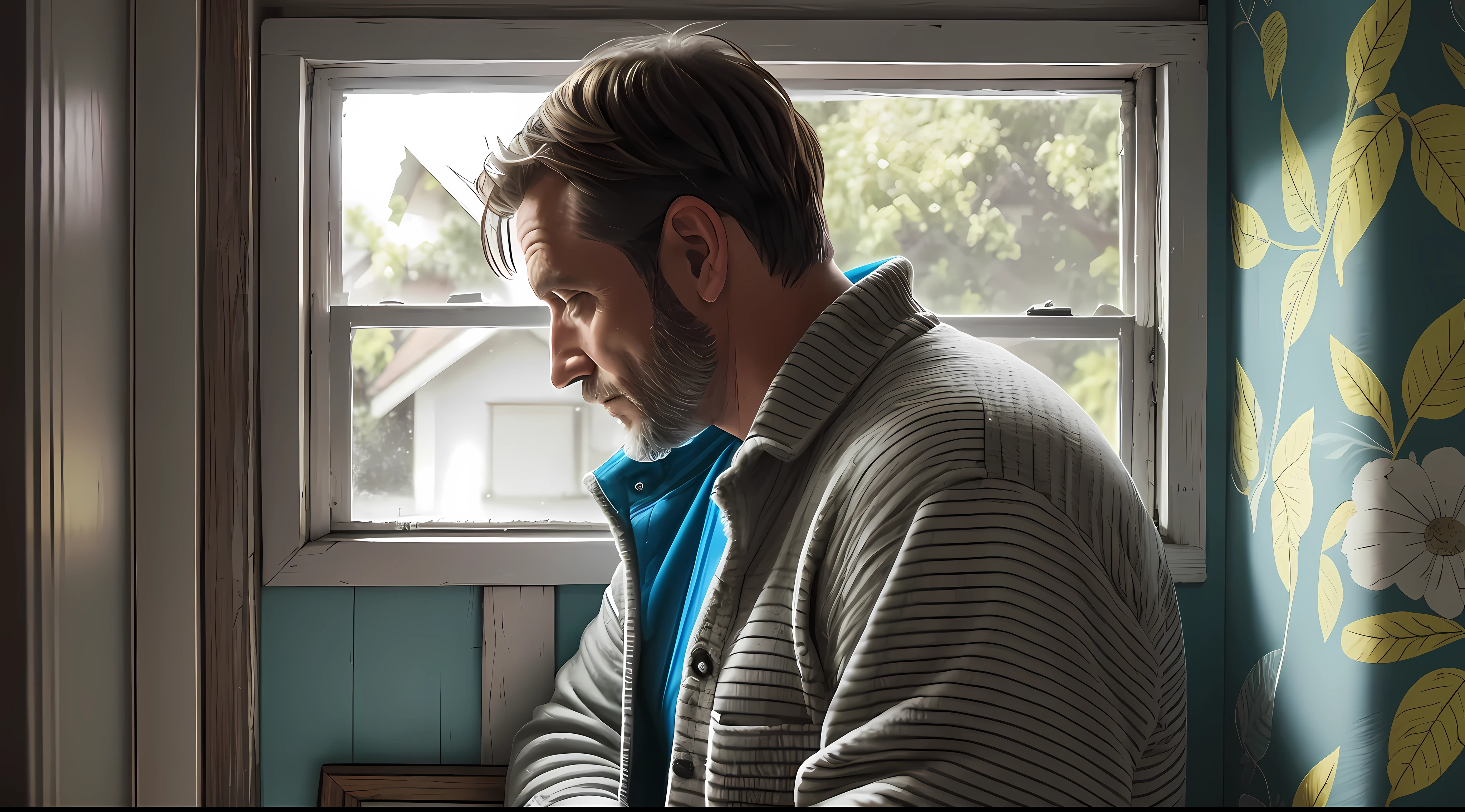 A 43-year-old man, looking out the window, 90's clothes, interior background of an old house
