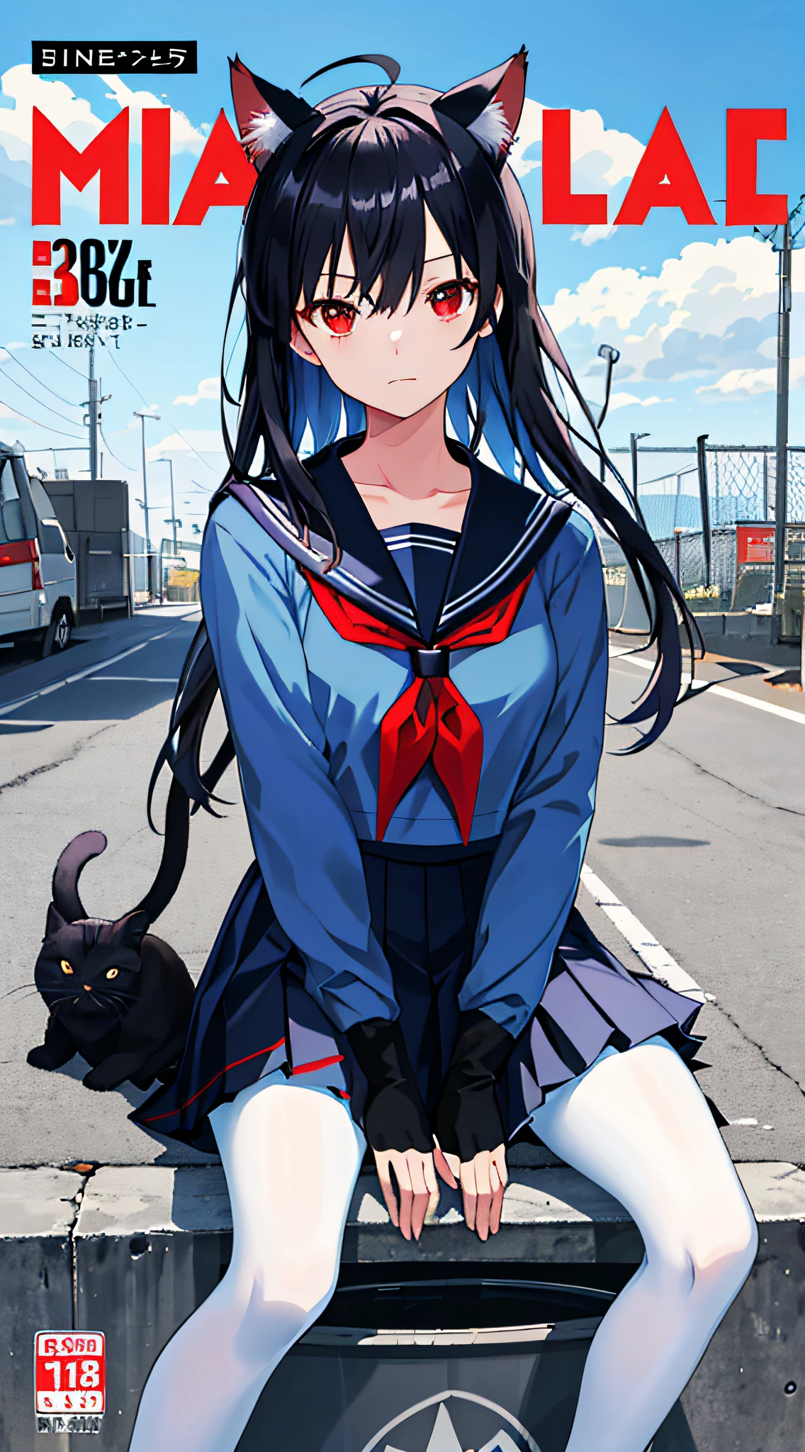 ((masterpiece, best quality)),a girl, solo, skirt, sky, sitting, pantyhose, serafuku, cloud,black gloves, outdoors, neckerchief ,day, bangs, fence, shirt, ahoge, rooftop, long hair, white pantyhose, black hair, school uniform, white sailor collar, red eyes, sailor collar, blue skirt, red neckerchief, blue serafuku, animal ears, blue sky, long sleeves, blue shirt, looking at viewer, closed mouth,cat ears, chain-link fence, pleated skirt, cloudy sky, trash can
(magazine:1.3), (cover-style:1.3), fashionable, woman, vibrant, outfit, posing, front, colorful, dynamic, background, elements, confident, expression, holding, statement, accessory, majestic, coiled, around, touch, scene, text, cover, bold, attention-grabbing, title, stylish, font, catchy, headline, larger, striking, modern, trendy, focus, fashion,