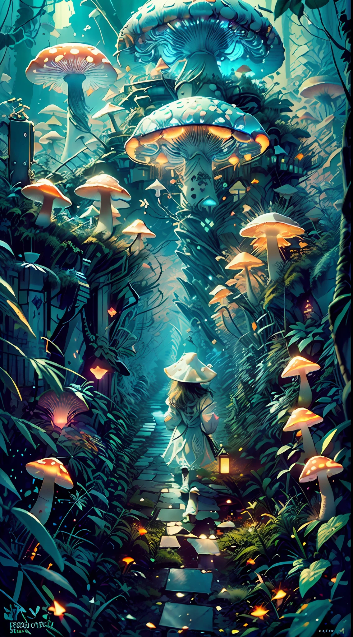 ((Best Quality)), ((Masterpiece)), ((Reality)), (detailed), Reflective Glow White: 1.5, Texture Glow Orange: 1.3, 1 little girl walking towards the forest, Night, countless random wind light bars, cluttered around, lots of glowing neon mushrooms, mandalas, movies, sharp, ray tracing, brightness, brightness