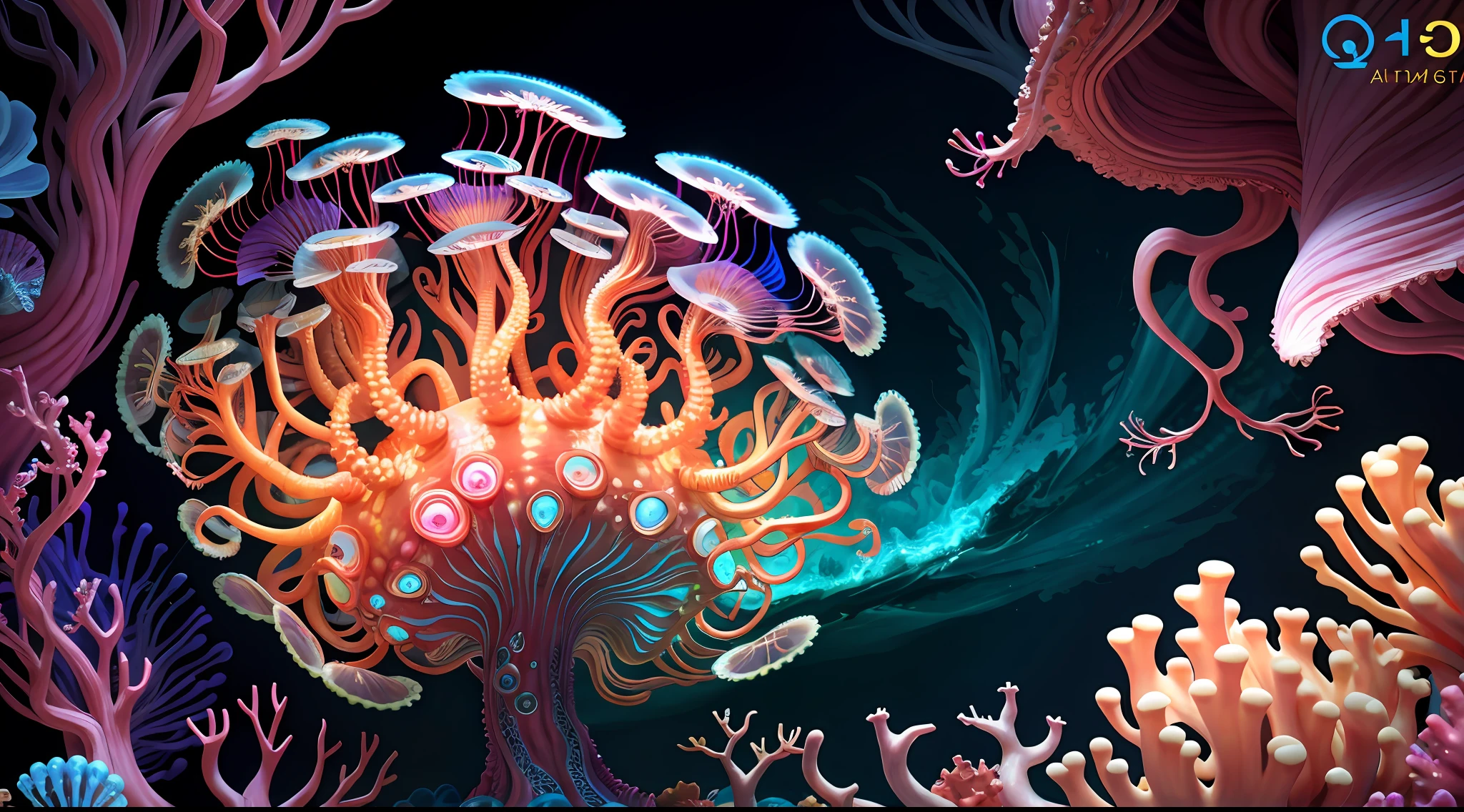 Colorful, master composition, focus on key figures, realism, masterpiece, award-winning, best quality, masterpiece, ultra-detailed, 8K, extremely detailed CG Unity 8k wallpaper, complex, highly detailed, realistic, "under water, intricate details, macro shot glowing jellyfish girl, coral, light bulb, brightness, (neutral color: 1.2), ultra-detailed, cinematic, complex background, huge ocean twisted Mandelbrot fractal shell, golden pearl nacre, hyper detail, ArtStation, Octane Renderer, (Color Acne: 1.3)",