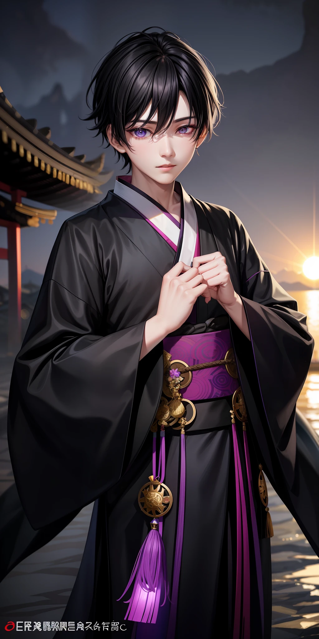 1boy, black hair, purple eyes, glowing eyes, black hanfu suit, fine. Parted lips, sun, sun,