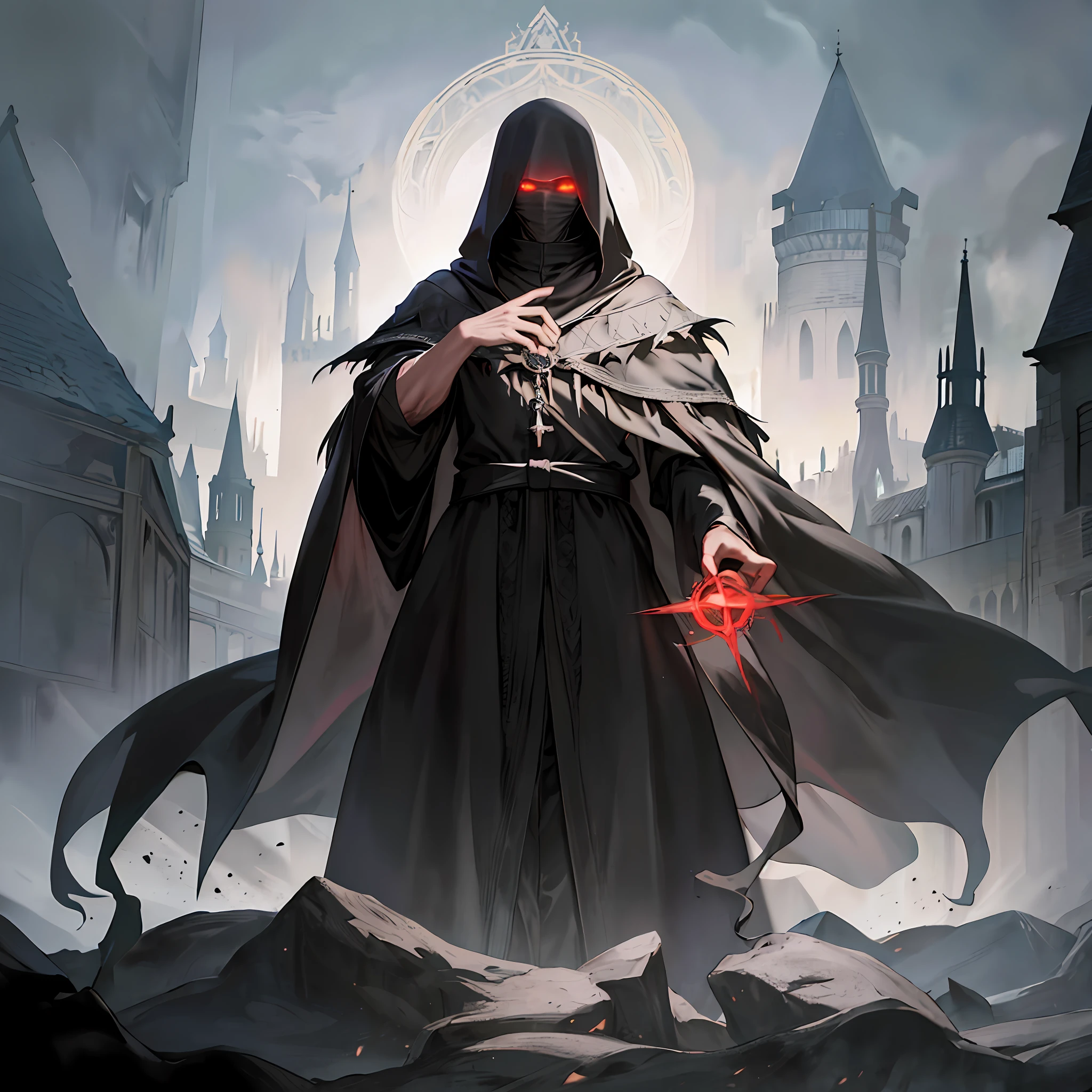 In the European Middle Ages, a monk in a black magic cloak, with his head bowed, his face in sight, his eyes glowing red, bowed to the statue of the devil, surrounded by evil and eerie. Full body character portrait, game illustration style