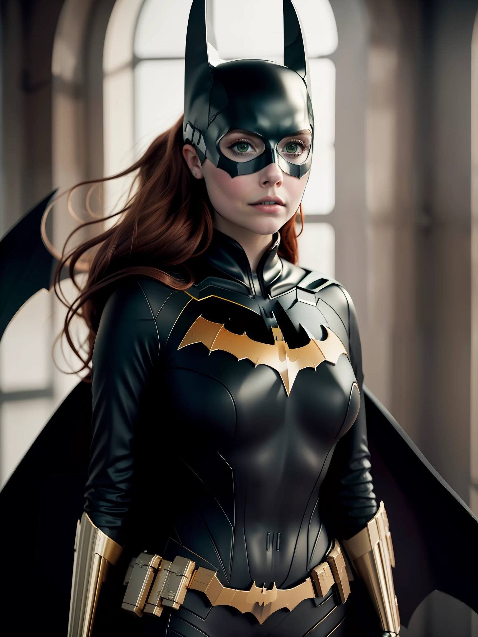 photo by Elizabeth Olsen, Highres, masterpiece, 1girl, solo, best quality, black outfit, red belt at the waist, mask on the eyes, ((Batgirl)), Batgirl cosplay, realistic, looking at the viewer, perspective shot, (big breasts1.4), Sexy abs, Petite, sexy legs, big ass, (Sexy Woman), (red hair), (30 years), smile, excited, 4K, HDR. by (James C. Christensen:1.2| Jeremy Lipking:1.1).