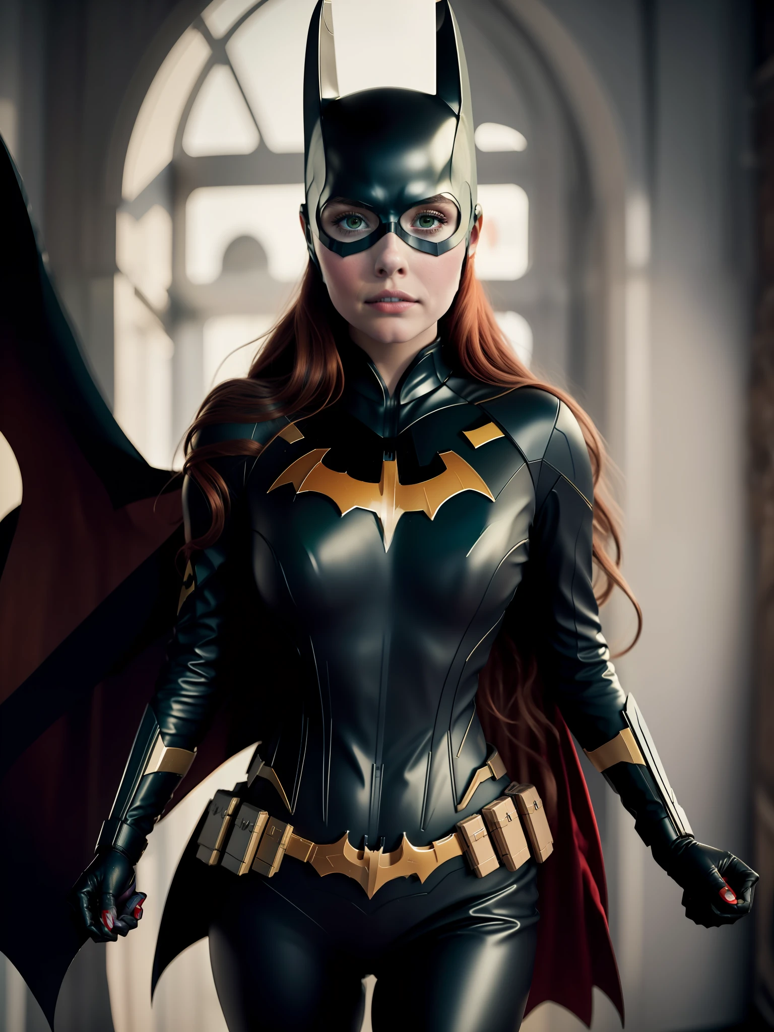 photo by Elizabeth Olsen, Highres, masterpiece, 1girl, solo, best quality, black outfit, red belt at the waist, mask on the eyes, ((Batgirl)), Batgirl cosplay, realistic, looking at the viewer, perspective shot, (big breasts1.4), Sexy abs, Petite, sexy legs, big ass, (Sexy Woman), (red hair), (30 years), smile, excited, 4K, HDR. by (James C. Christensen:1.2| Jeremy Lipking:1.1).