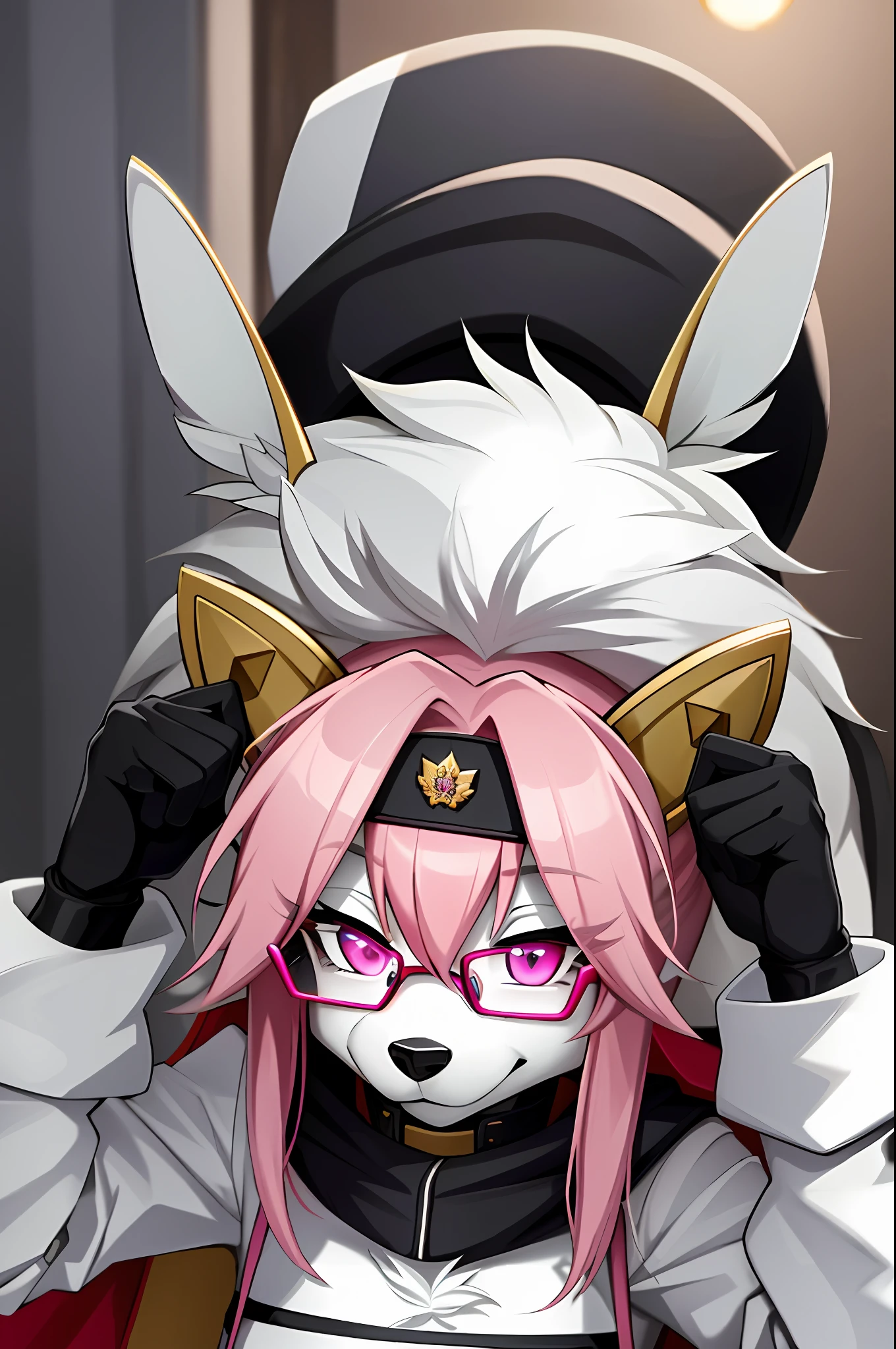 (masterpiece, best quality)), (Anthro Furry:1.3, muzzle:1.2, Anthro:1.3, Furry:1.2, closeup:1.2, female solo:1.2, (wearing Russian military coat) military pants, wearing glasses, Fox spiraled in the colors of Funtime Foxy,Five Nights at Freddy,white skin pink details, pink eyes, sexy position, deserted ambient place, Russian general military hat.