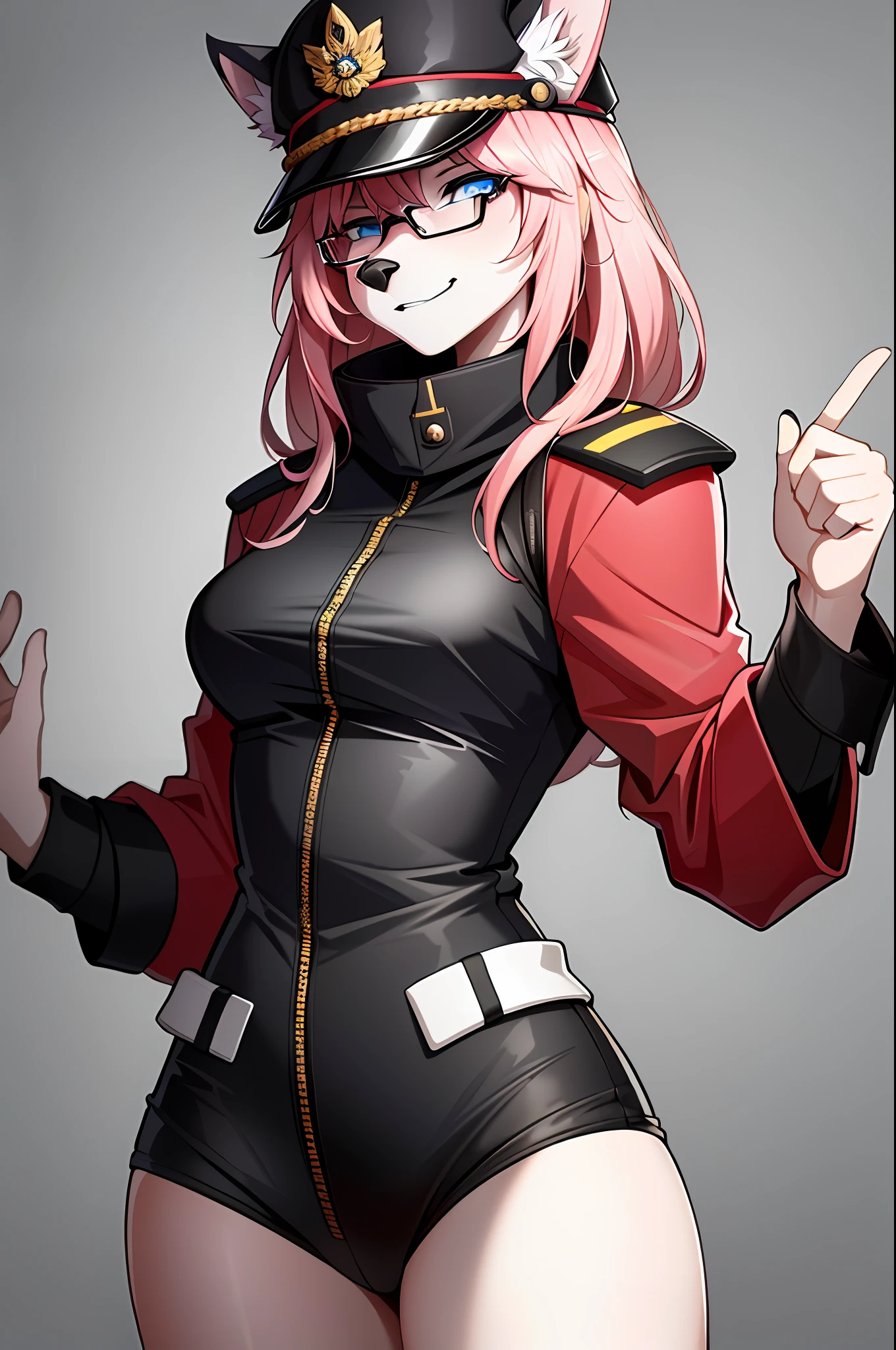 (masterpiece, best quality)), (Anthro Furry:1.3, muzzle:1.2, Anthro:1.3, Furry:1.2, closeup:1.2, female solo:1.2, (wearing Russian military coat) military pants, wearing glasses, Fox spiraled in the colors of Funtime Foxy,Five Nights at Freddy,white skin pink details, pink eyes, sexy position, deserted ambient place, Russian general military hat.