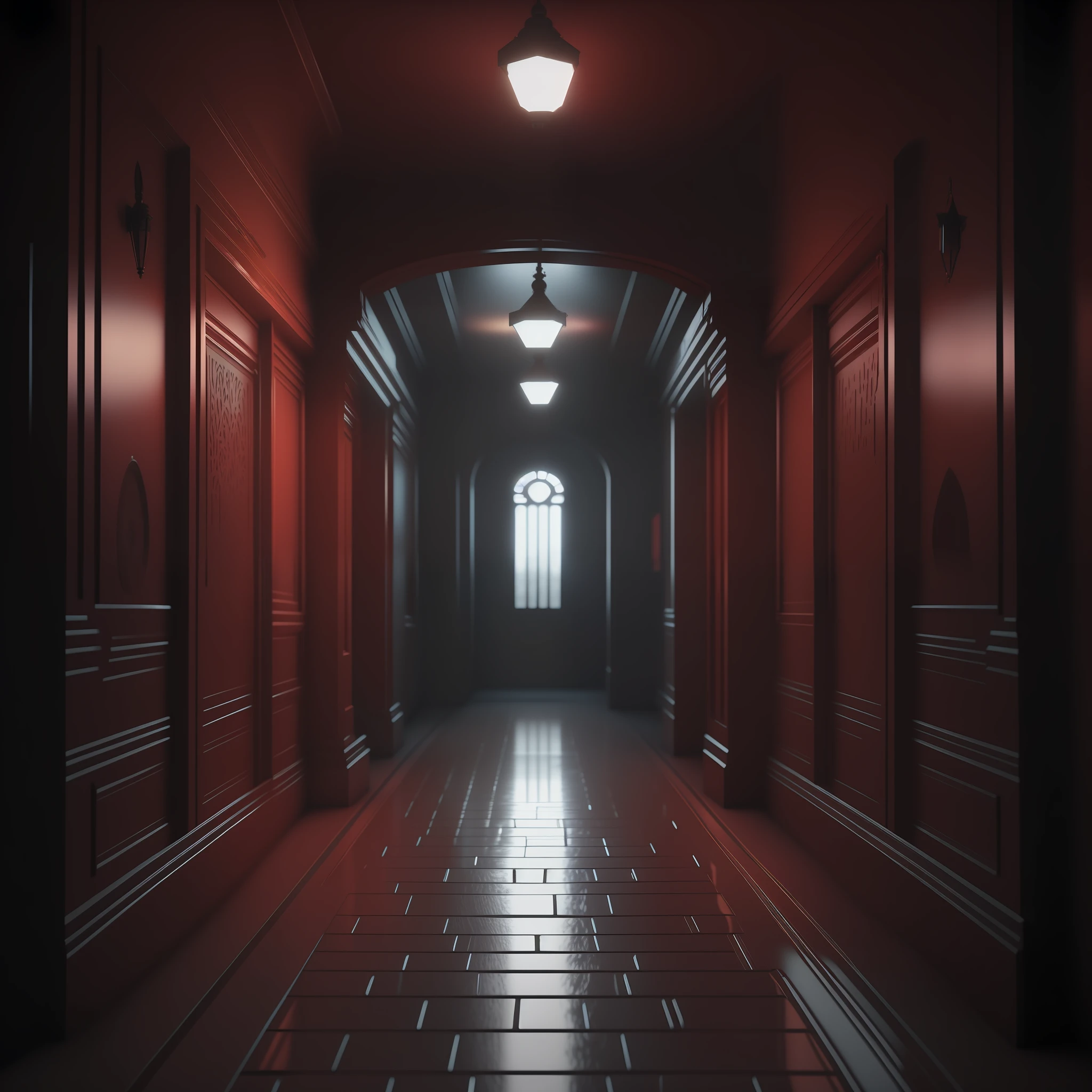 a dimly lit hallway with a red light and a tile floor, unreal engine. retro film still, detailed lighting and textures, gloomy cinematic lighting, detailed textures and lighting, rendered in unreal engine 5, cinematic render unreal engine, rendered in unreal engine 6, volumetric moody lighting, rendered in unreal engine 4 k hq, rendered in unreal engine 4k hq, dark hallway, 3D, extremely realistic and cinematic lighting effects