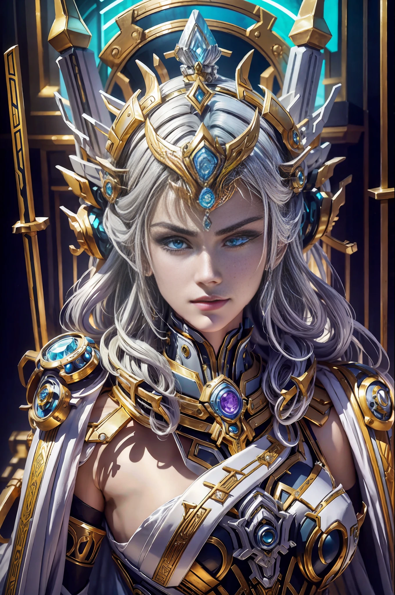 Cyberpunk style mecha Saint Seiya Queen sitting on throne, ancient technology, ancient legend, white hair (white stockings: 1.5) (Throne: 1.4), sword, (mecha God of War), Egyptian style, (Saint Seiya: 1.7), Taoist symbols, (dragon pattern: 1.6), (gold wire: 1.5) ultra-realistic, Boca effect, shot in the style of David La Chapelle, Bioluminescent palette: lilac, light gold, bright white, ultra-fine, cinematic still life, vibrant, unrealistic engine style,  Sakimichan, lower chest, perfect eyes, highest image quality 16K, inspired by Harry Winston, shot on Canon eos R 6, masterpiece , --Chaos 50, gray hair, crown, mole under the eyes, gitchem, wide angle, canon, from above, projection illustration, ray tracing, surrealism, textured skin --s2