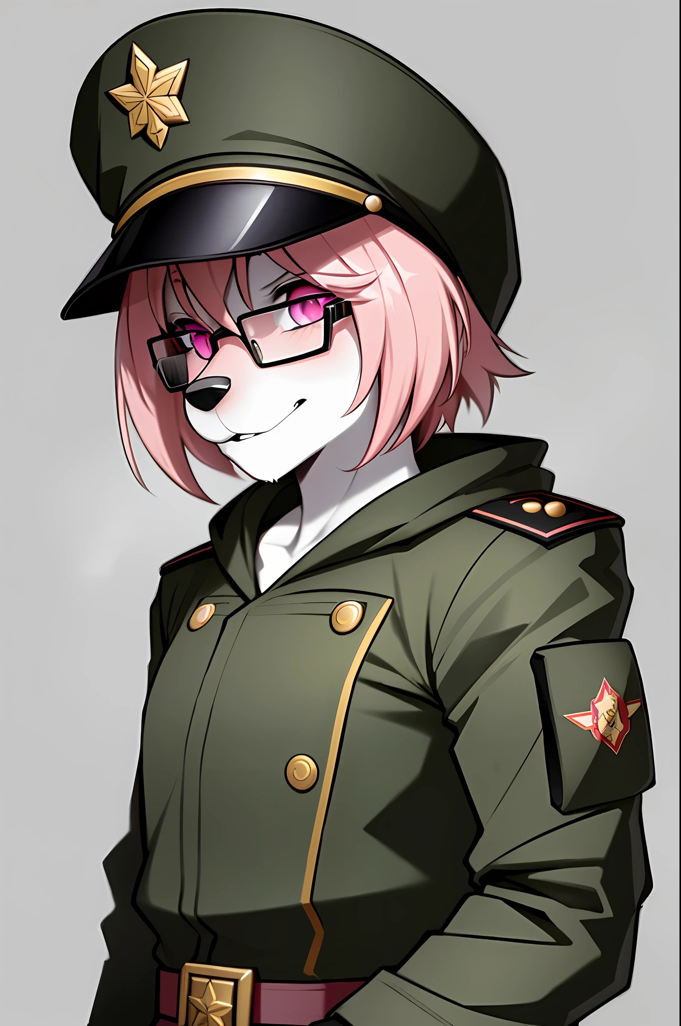 (masterpiece, best quality)), (Anthro Furry:1.3, muzzle:1.2, Anthro:1.3, Furry:1.2, closeup:1.2, female solo:1.2, (wearing Russian military coat) military pants, wearing glasses, Fox spiraled in the colors of Funtime Foxy,Five Nights at Freddy,white skin pink details, pink eyes, sexy position, deserted ambient place, Russian general military hat.