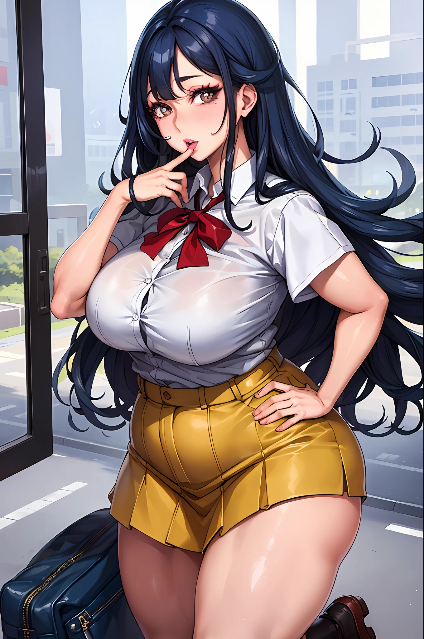 "(A perfect masterpiece:1.2), (the best quality:1.2), stunning face, schoolgirl uniform, mature and chubby, big pupils, bright eyes, makeup, long and luxurious eyelashes, full lips, irresistible charisma."