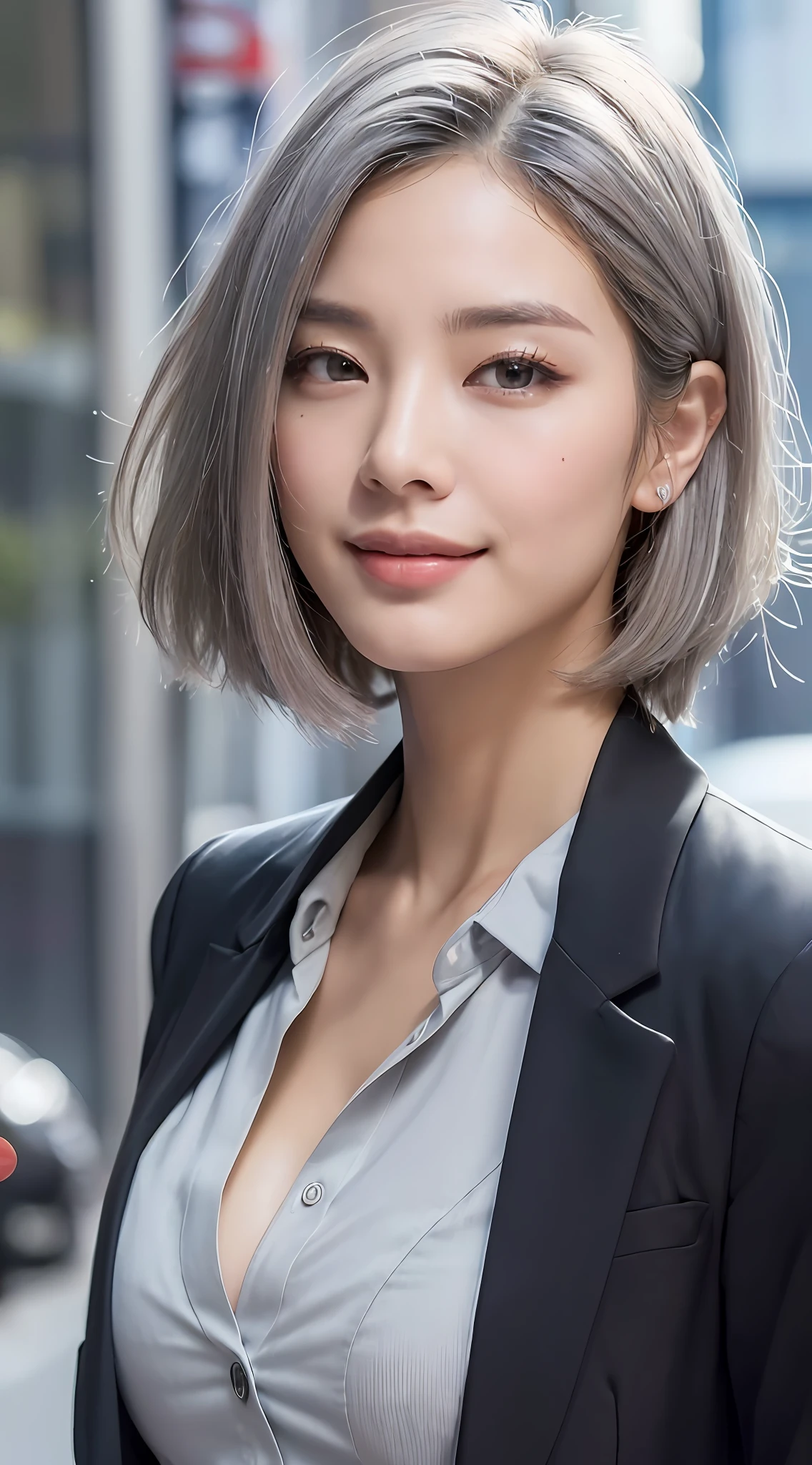 ((Best quality, 8k, Masterpiece: 1.3)), Sharp focus: 1.2, A woman (((50 years)) beautiful, smiling, elegant, ((gray hair)), perfect eyes, with perfect body: 1.4, Thin abdomen: 1.2, ((Layered haircut)), (Thin and damp button up to shirt length: 1.1), (Elegant black suit), (Rain, Street: 1.2), Wet body: 1.1, Highly detailed facial and skin texture, Detailed eyes, Double eyelid, tanned skin, elegant, tanned