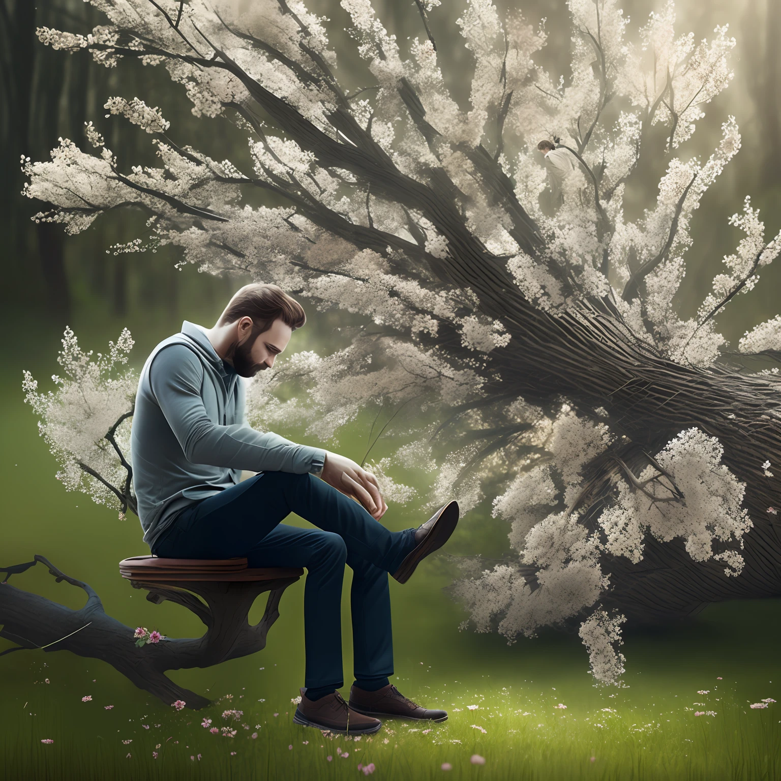Tree falling flowers and a man sitting realistic image 8k