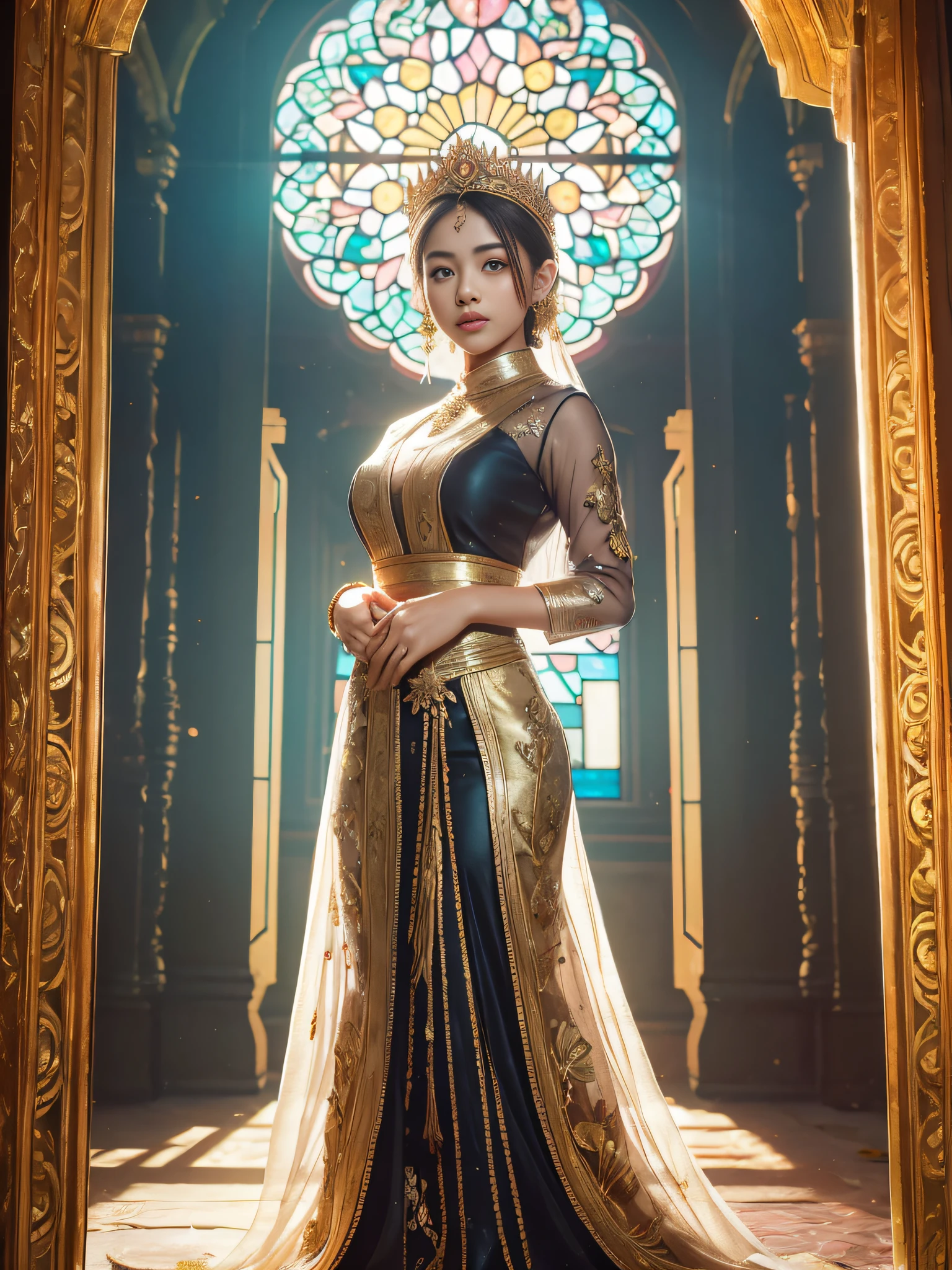 ((Masterpiece)), Exotic potrait of beautiful mira filzah, 1girl, full body, slightly dark skintone, editorial pose, majestic pose, looking at camera, long perfect legs, holding keris, malay women, malay traditional headpiece, sheer black n gold coloured kebaya, highly decorated covered sheer dress, bright light, dramatic lighting, majestic lighting, no cleavage, mira filzah, dreamy retro photograph, in highly decorated ancient malay palace, light leak, songket, malay, coloured stained glass window light