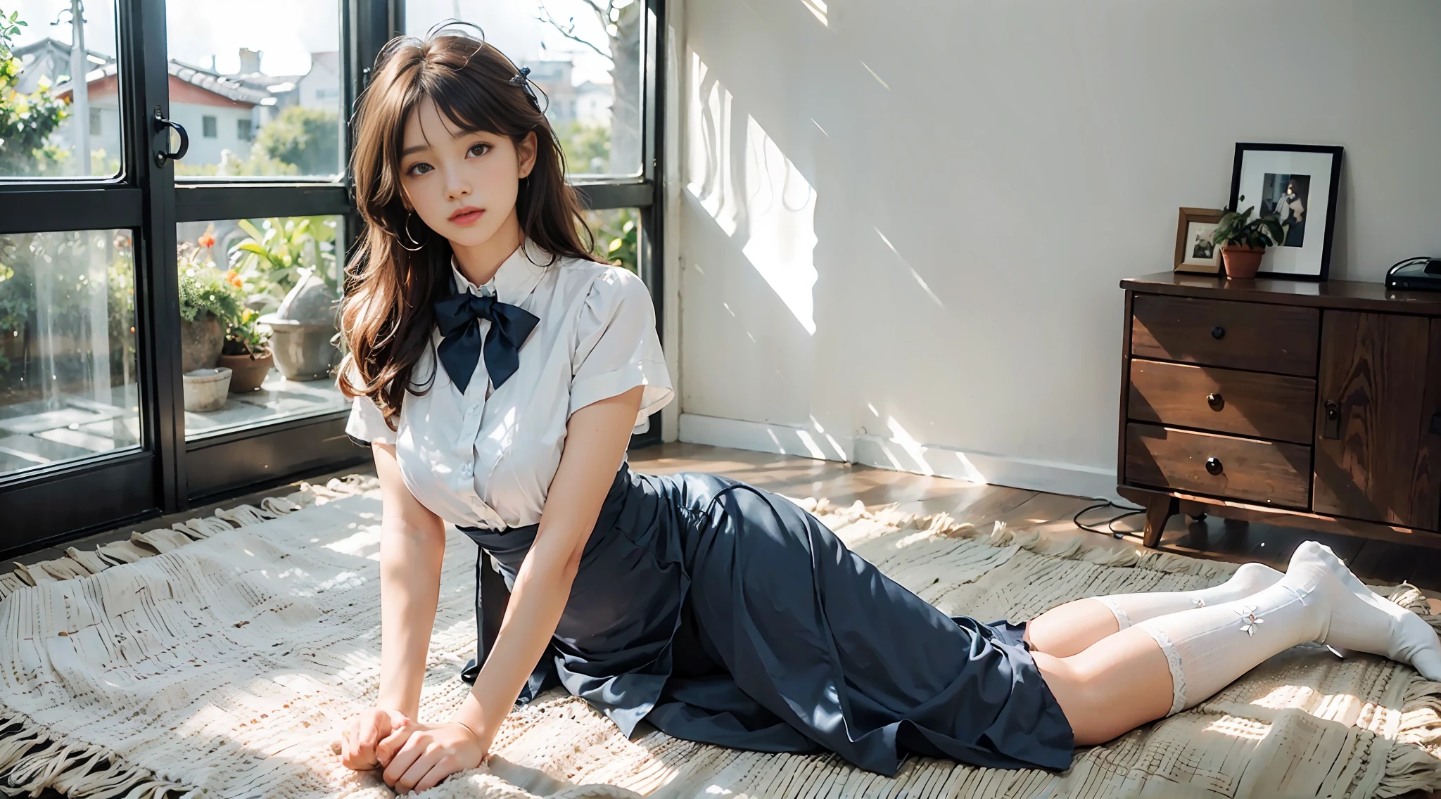 ((Bright garden porch background)), (Lo-Fi), (Soft Focus), High Definition, 4K, Ultra High Definition, Ultra High Definition, Ultra Real Shadows, Ultra Real, Dramatic Lighting, Japan Women, One Girl, Solo, Detailed Face, Realistic Eyes, Realistic Skin, Dynamic Hair, Dynamic Pose, Dynamic Angle, (White Blouse), (Dark Blue Bow Tie), (((Dark blue very long skirt)))), ((White short ankle-length socks with folded edges)))), white background, (Raw photo: 1.2), (Photorealistic: 1.4), Beautiful detailed woman, Very detailed eyes and face, Beautiful detailed eyes, Huge file size, super detailed, high resolution, very detailed, highest quality, (bright indoors), (soft light), (low contrast), (shallow depth of field), (portrait of a beautiful woman illuminated by gentle light), (very delicate and elegant depiction), (short length bangs), (hair color dark chestnut with a slight brown tone), (hair with subtle gentle waves), (((white short ankle-length socks with folded edges))), illustration, very detailed, CG, unification, 8k wallpaper, amazing, fine details, best quality, Highly detailed CG unified 8k wallpaper, face lights, movie lighting, 1 girl, 25 years old