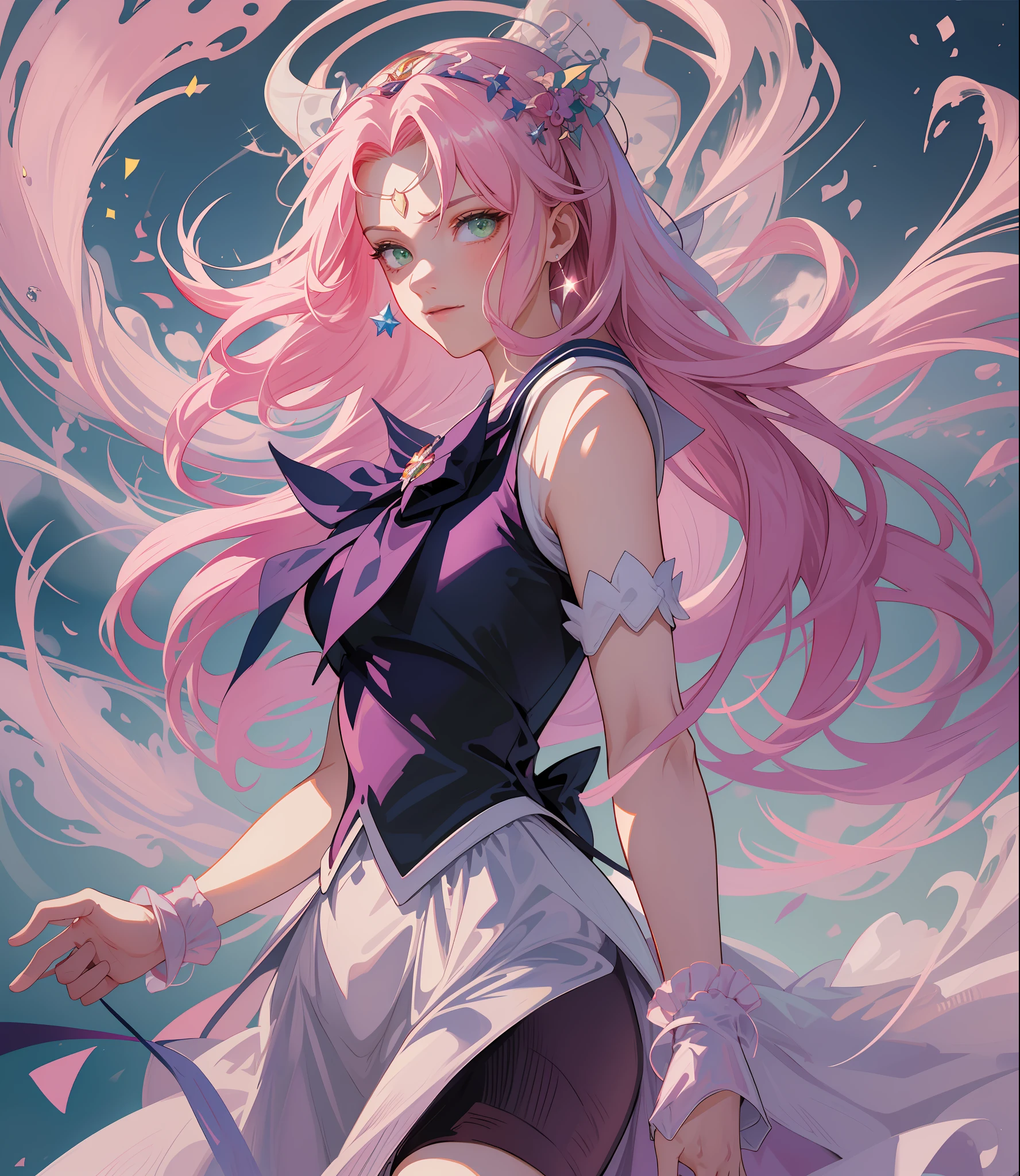 (masterpiece: 1.2, best quality), (beautiful finely detailed eyes: 1.2), (extremely detailed CG unit 8k wallpaper, masterpiece, best quality, ultra-detailed, best shadow), (detailed background), (beautiful detailed face, beautiful detailed eyes), High contrast, (best lighting, an extremely delicate and beautiful),1girl,((splashes of colored paint on transparent background, dulux,)), dynamic angle, beautiful detailed brightness, whole body, Cowboy shot, pink hair, green eyes, Star Guardian, Magic Girl, Sailor Moon