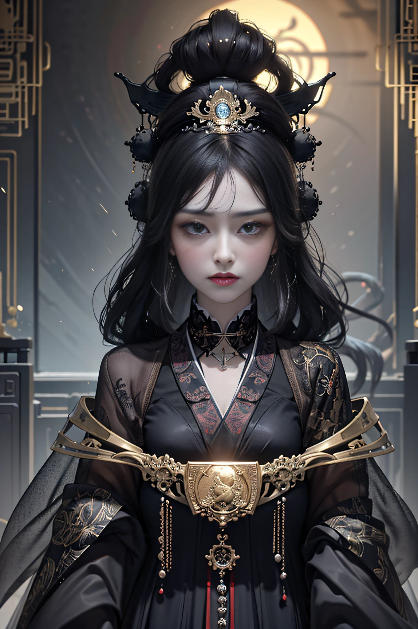 official art, Unity 8k wallpaper, ultra-detailed, beautiful, beautiful, masterpiece, best quality, darkness, mystical, romanticism, horror, literature, art, fashion, tang dynasty era, decoration, intricate, ironwork, embroidery, contemplation, emotional depth, supernatural, black hanfu, black tulle, 1 girl, mask, high priest, solo, black cat, cat, bust composition, movie lighting, dynamic perspective, sexy, full of temptation, ancient Chinese architectural background, temple, altar, black fog,