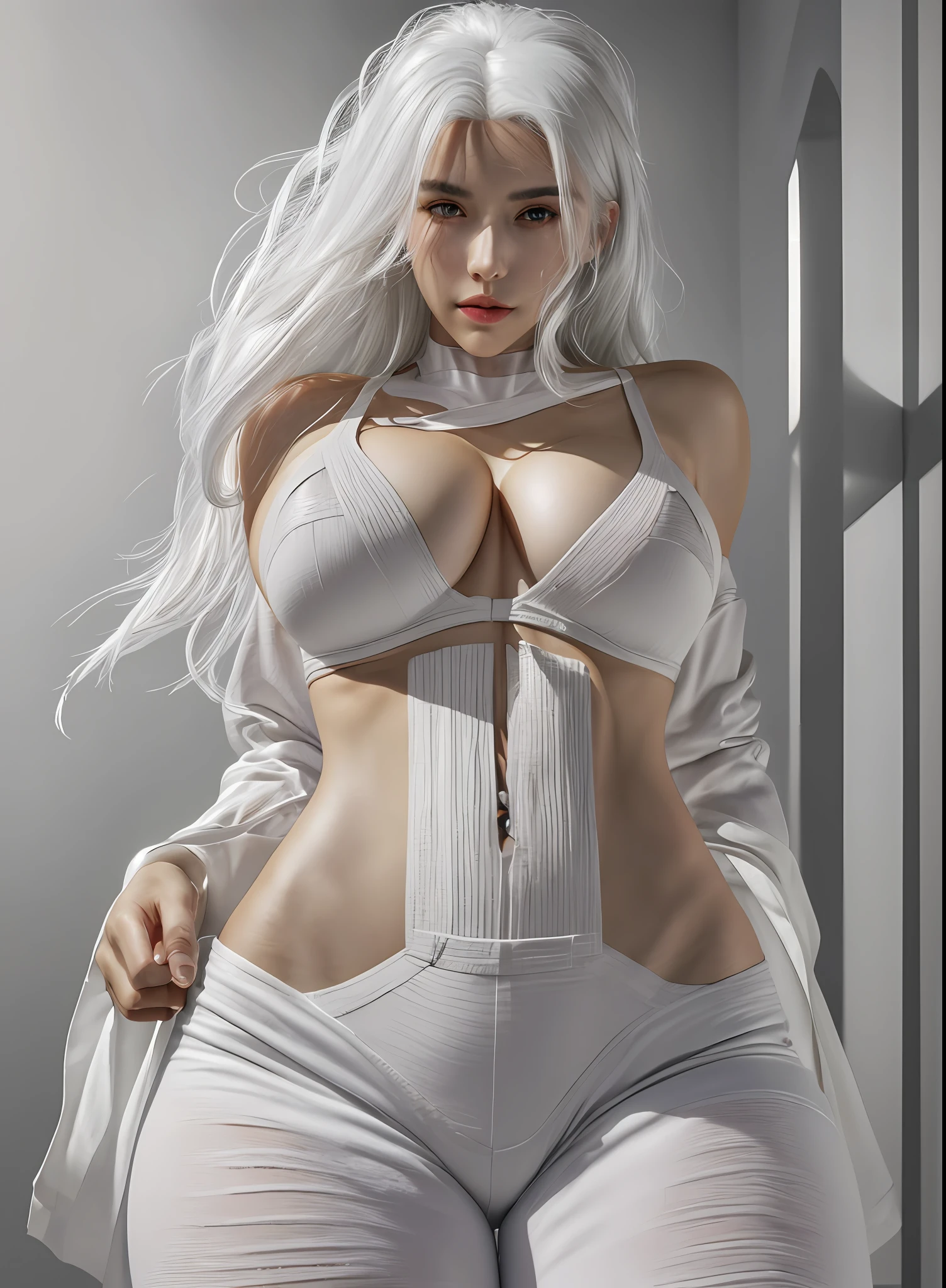 1girl, ((upper half body, narrow waist, waist, girl, white hair)), (front view, from front, sexy underwear), looking at viewer, Best quality, masterpiece, ultra high res, (photorealistic:1.4), 8k, clean, (incredibly absurdres, ultra-detailed,CG ,unity ,8k wallpaper), (detailed face :1.4),(beautiful detailed eyes :1.2),(detailed hair), light on face, huge filesize, cinematic lighting, perfect face, lips, adult, solo, (( wheaten skin, real skin, middle_breast, ))