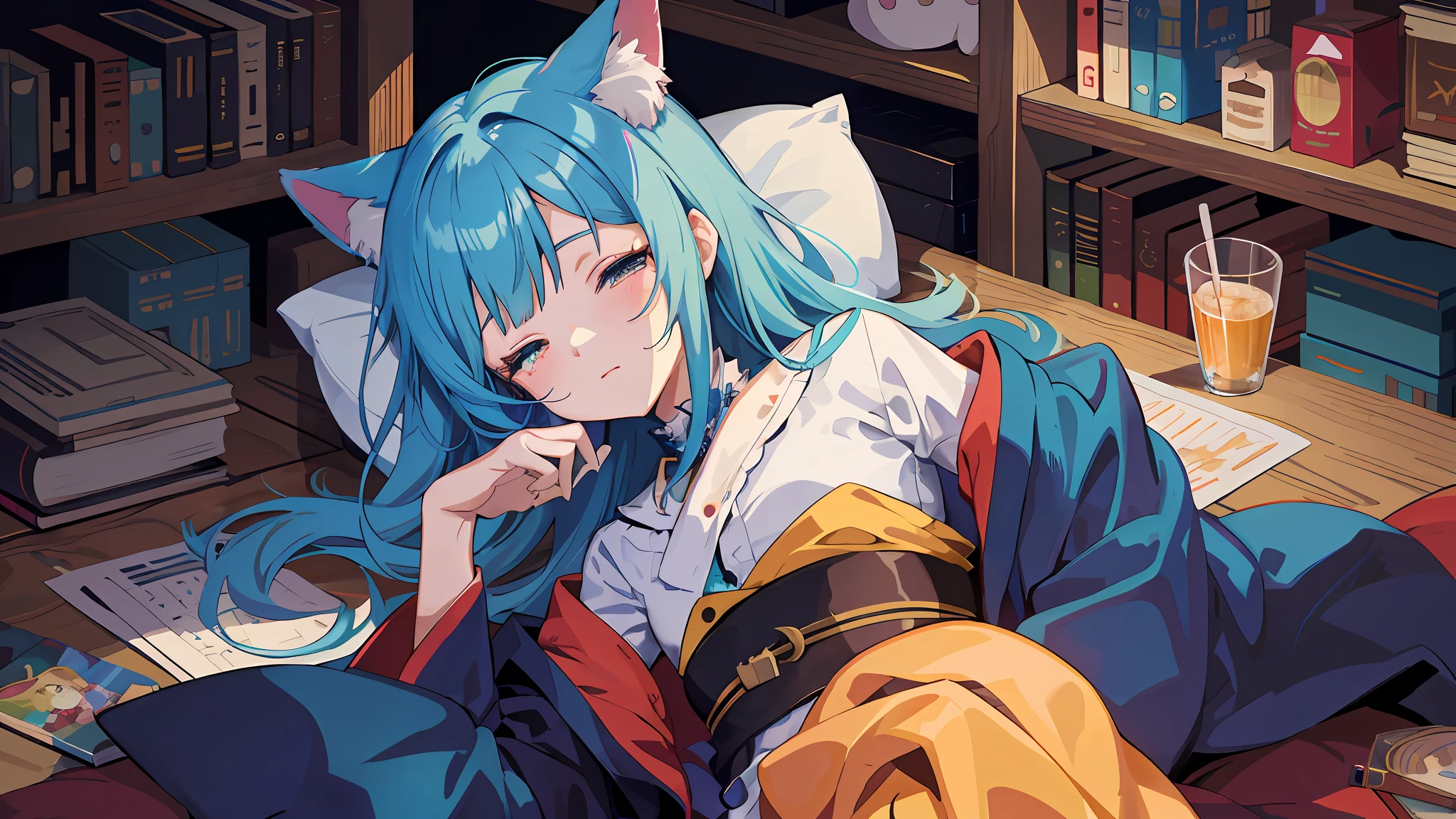 anime girl with blue hair laying on a bed in a library, anime style 4 k, anime girl with teal hair, anime girl with cat ears, nightcore, anime art wallpaper 8 k, beautiful anime catgirl, anime art wallpaper 4k, anime art wallpaper 4 k, very beautiful anime cat girl, anime moe artstyle, cute anime catgirl, digital anime illustration