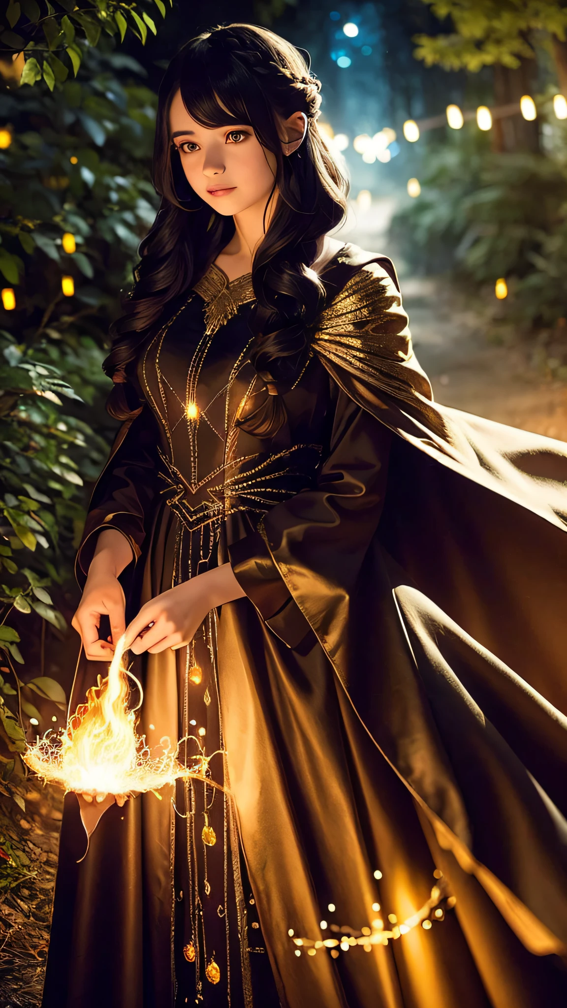 ((1girl)), sorceress, magic, wearing a long dress made of lights, magical forest, with flowing, (((fire)) magic), tight sorceress clothes, magical clothing, (((flowing hairstyle))), (((glowing eyes))), wearing cloak, ((bokeh)), depth of field,