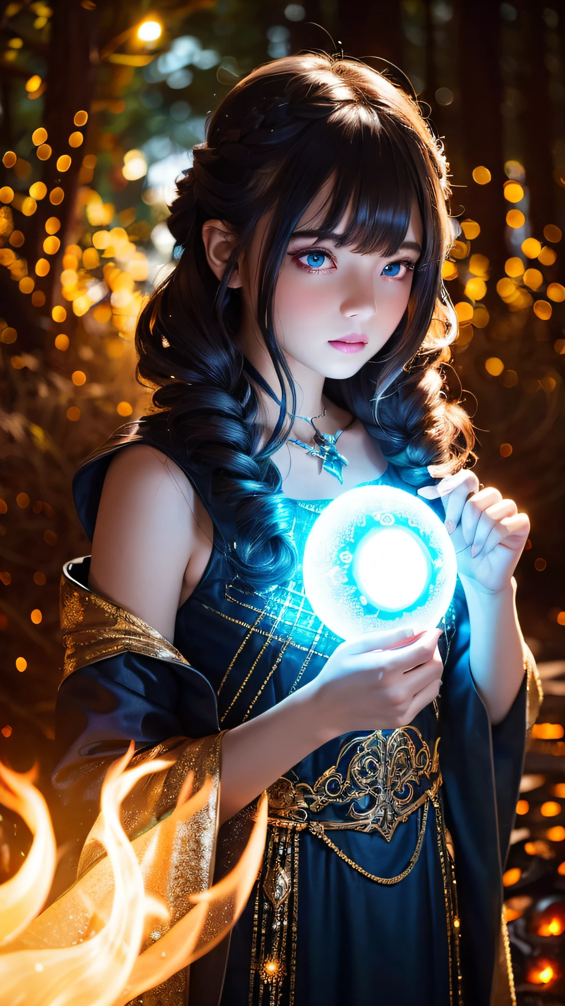 ((1girl)), sorceress, magic, wearing a long dress made of lights, magical forest, with flowing, (((fire)) magic), tight sorceress clothes, magical clothing, (((flowing hairstyle))), (((glowing eyes))), wearing cloak, ((bokeh)), depth of field,