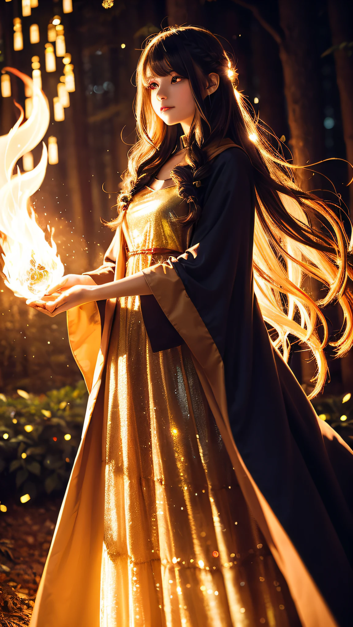 ((1girl)), sorceress, magic, wearing a long dress made of lights, magical forest, with flowing, (((fire)) magic), tight sorceress clothes, magical clothing, (((flowing hairstyle))), (((glowing eyes))), wearing cloak, ((bokeh)), depth of field,